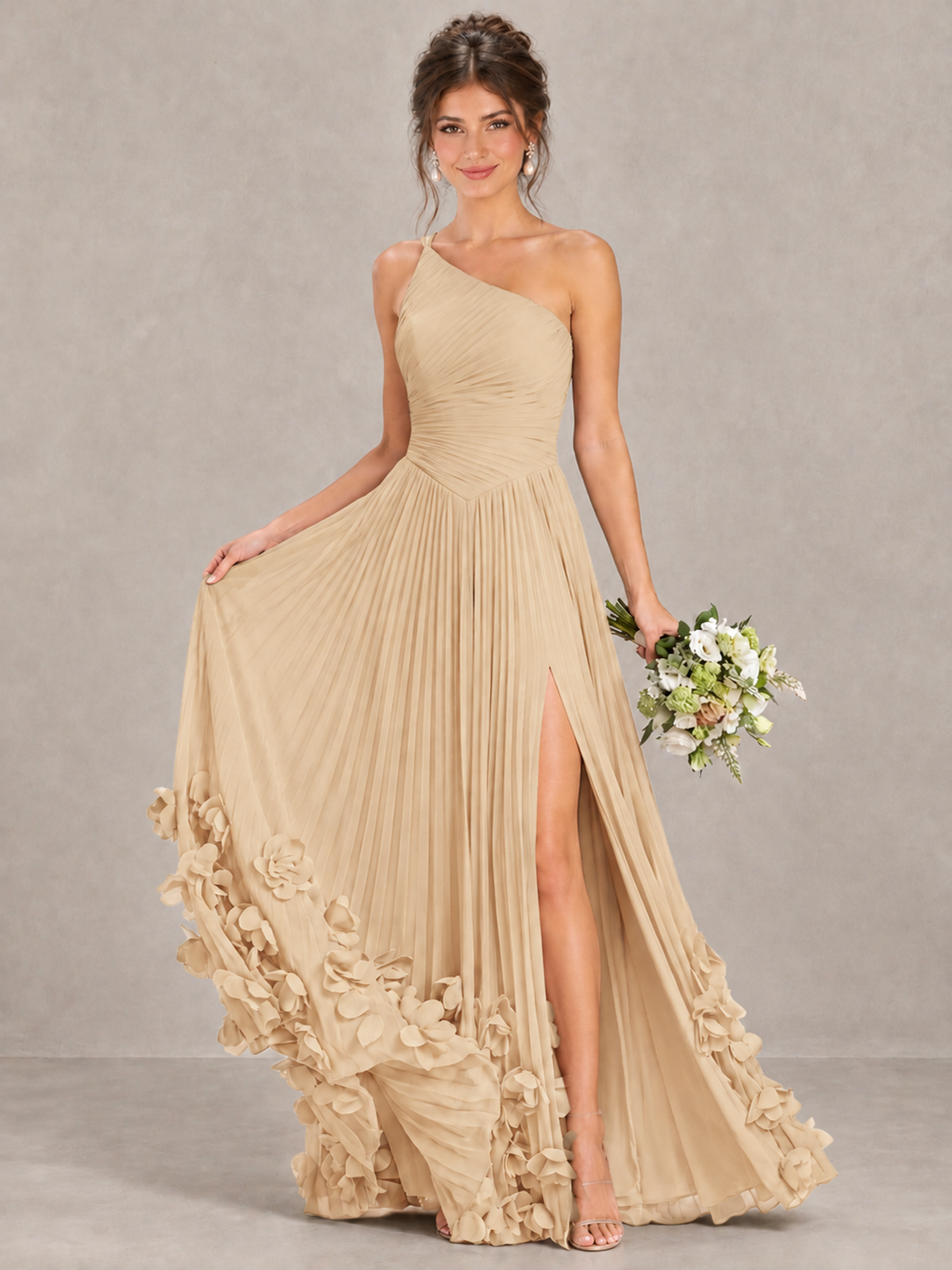 BOLODOO Champagne One-Shoulder Pleated Bridesmaid Dress with 3D Floral Hem - Champagne - Champagne_4