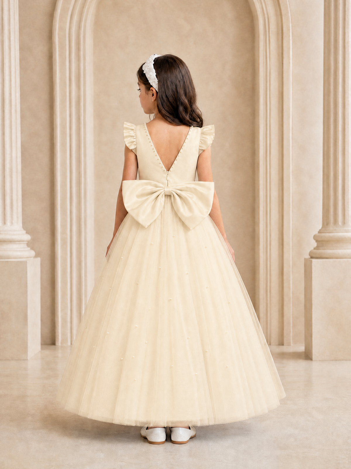 BOLODOO Champagne Tulle Flower Girl Dress with Ruffle Sleeves & Bow Back - Champagne - Champagne_4
