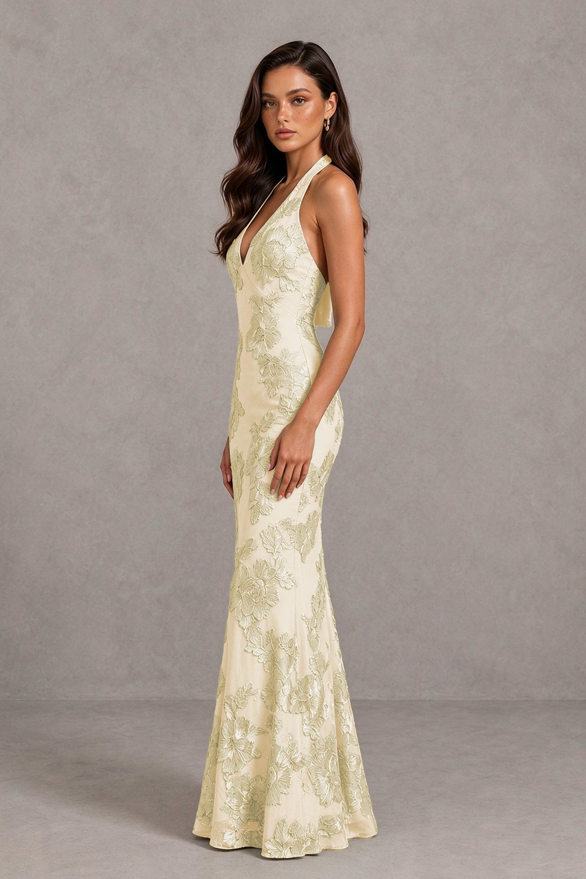 BOLODOO Champagne Floral Jacquard Halter Maxi Dress - Champagne - Champagne(4)