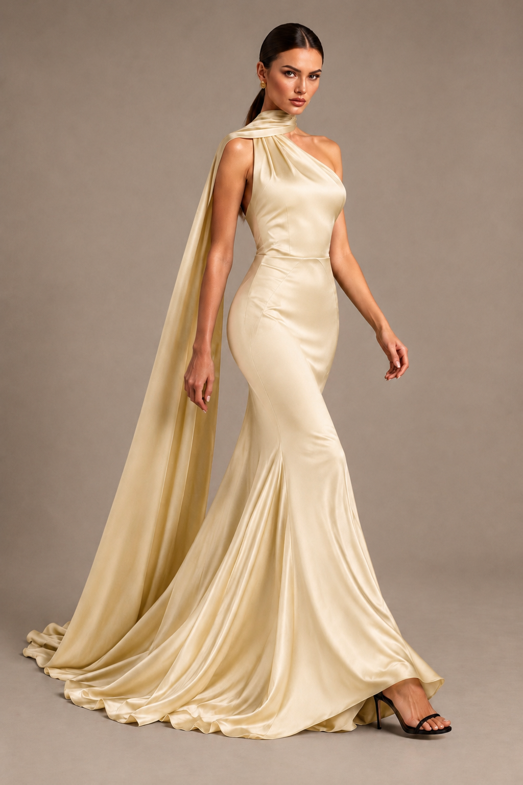 BOLODOO Champagne One-Shoulder Satin Mermaid Evening Dress with Scarf - Champagne - Champagne_4