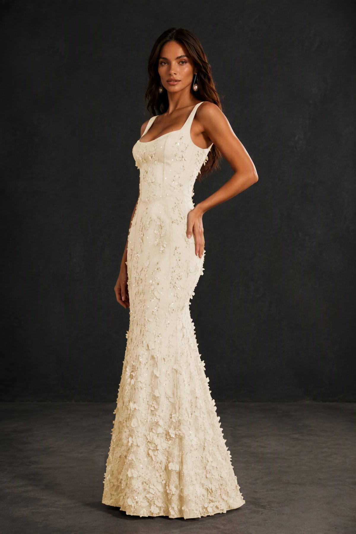 BOLODOO Champagne Sequin 3D Floral Mermaid Maxi Gown – Lace-Up Back Formal Dress - Champagne