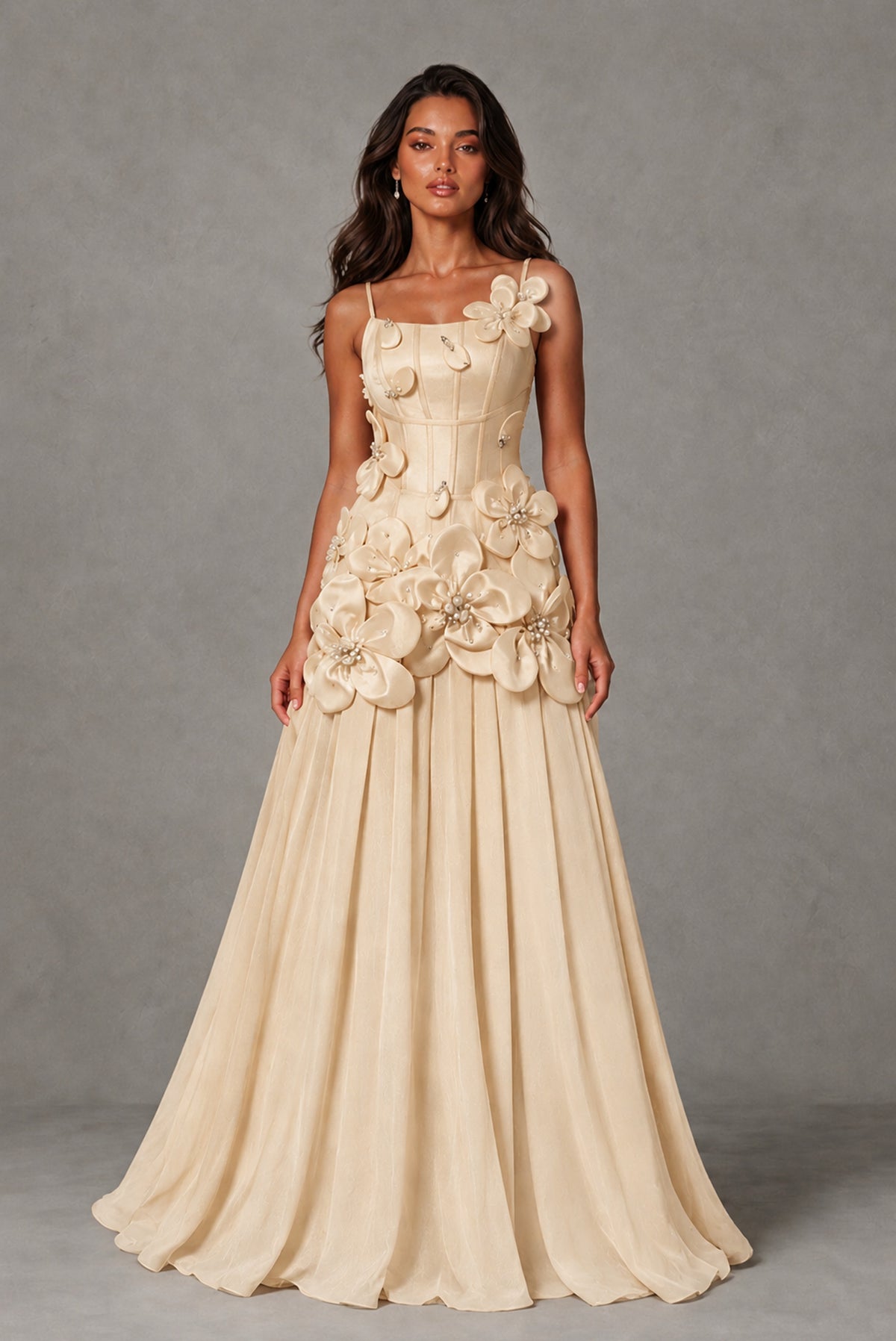 BOLODOO Champagne 3D Floral Appliqué Floor-Length A-Line Evening Gown - Champagne