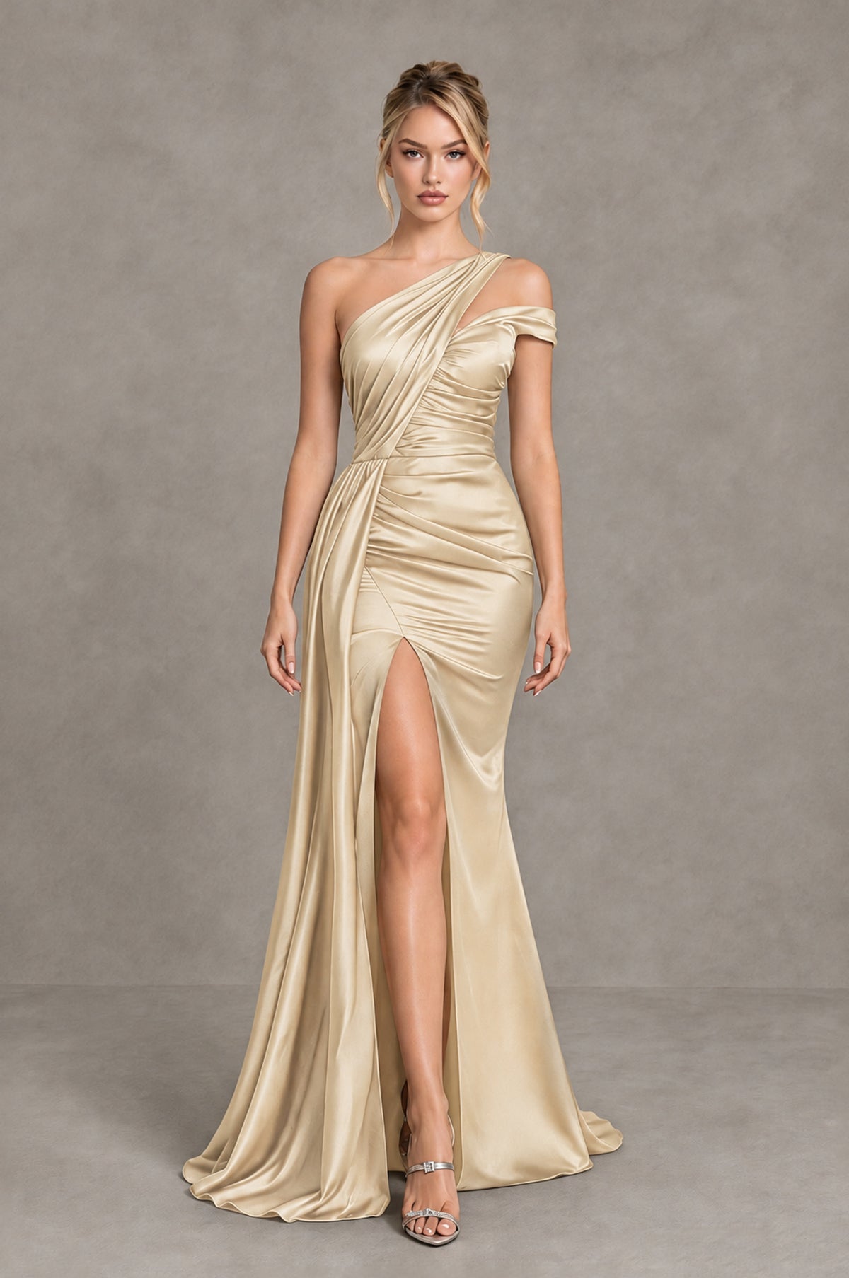 BOLODOO Champagne Asymmetric Ruched Formal Evening Dress - Champagne - Champagne_4