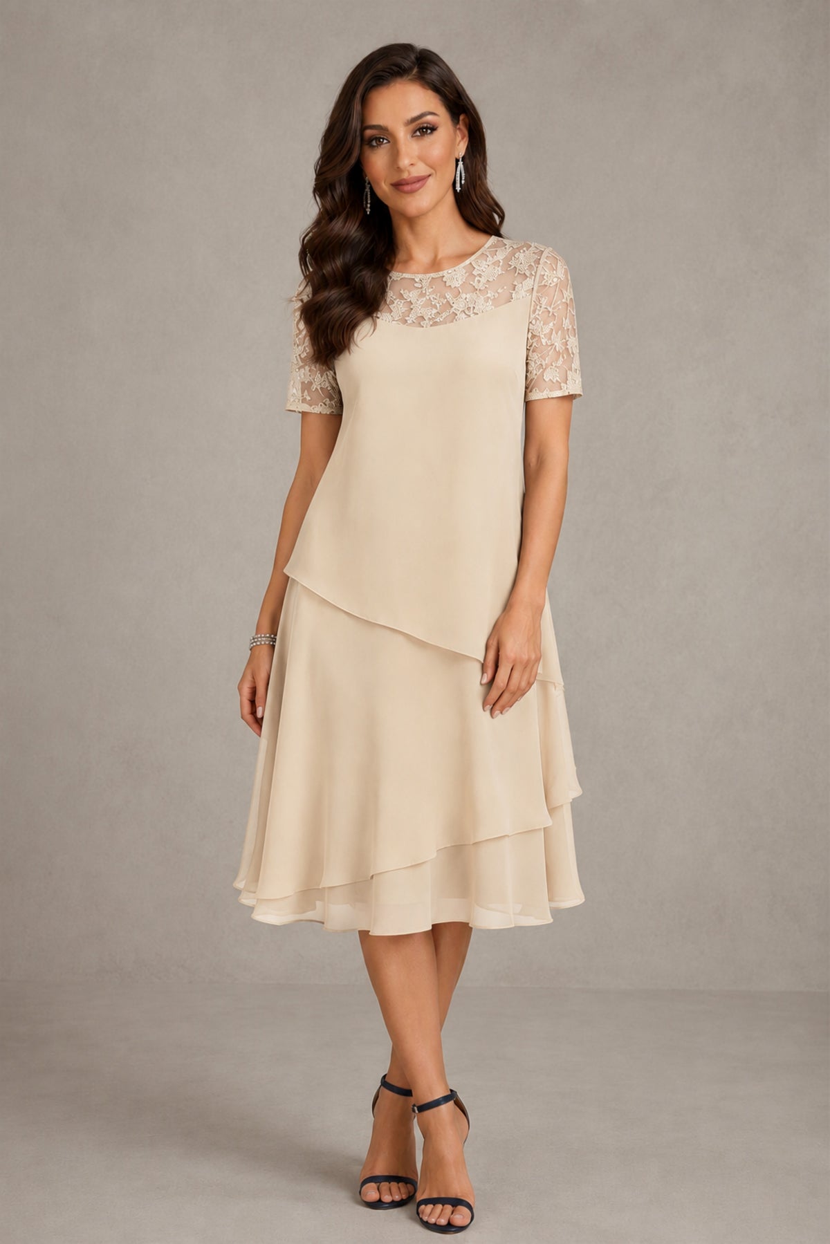BOLODOO Champagne Illusion Lace Short Sleeve Tiered Chiffon Tea Length Dress | Mother of the Bride Midi Dress - Champagne