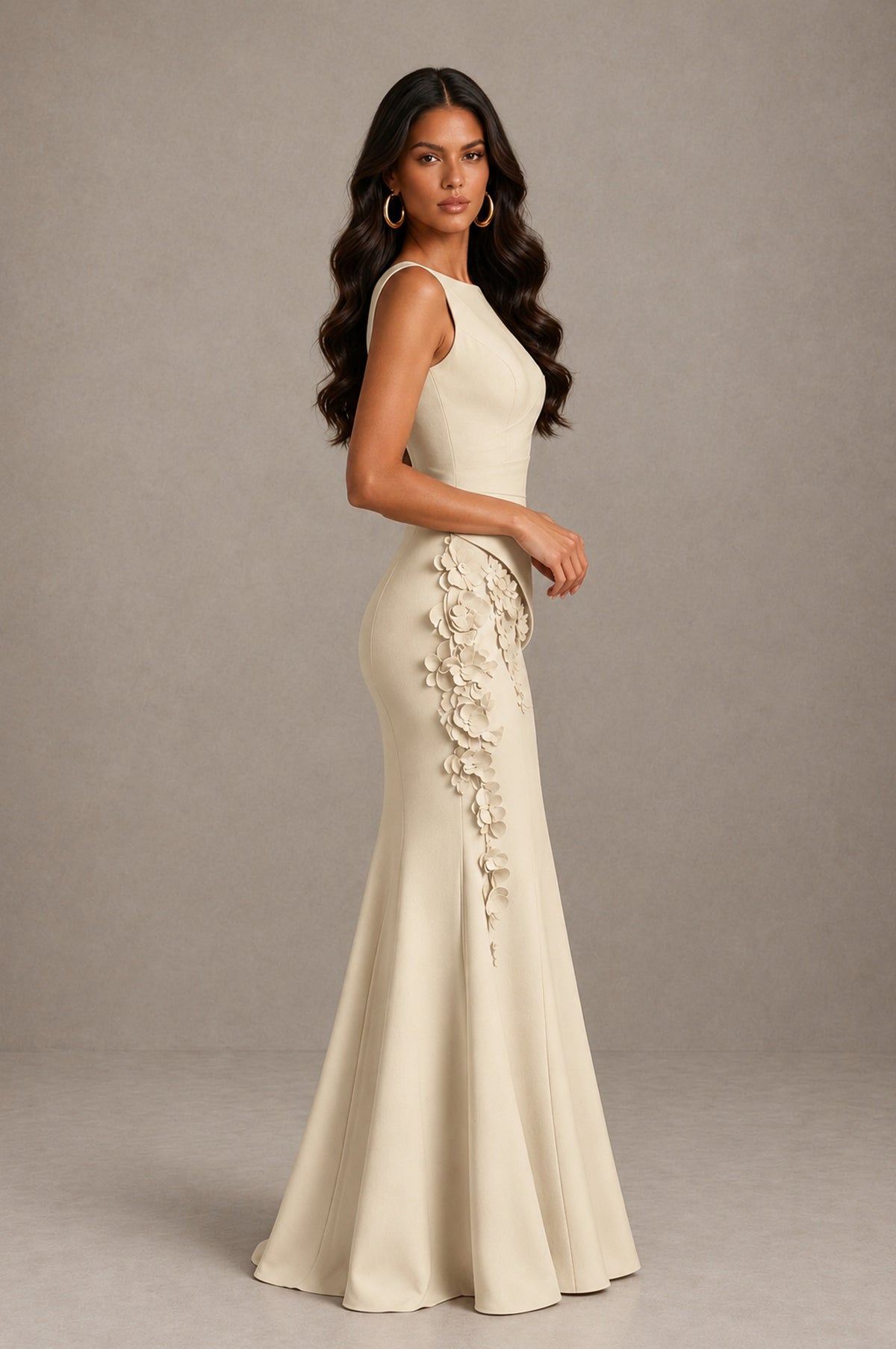 BOLODOO Champagne Bateau Neck Sleeveless Asymmetric Peplum 3D Petal Appliqué Mermaid Gown BD0421 - Champagne - Champagne_4