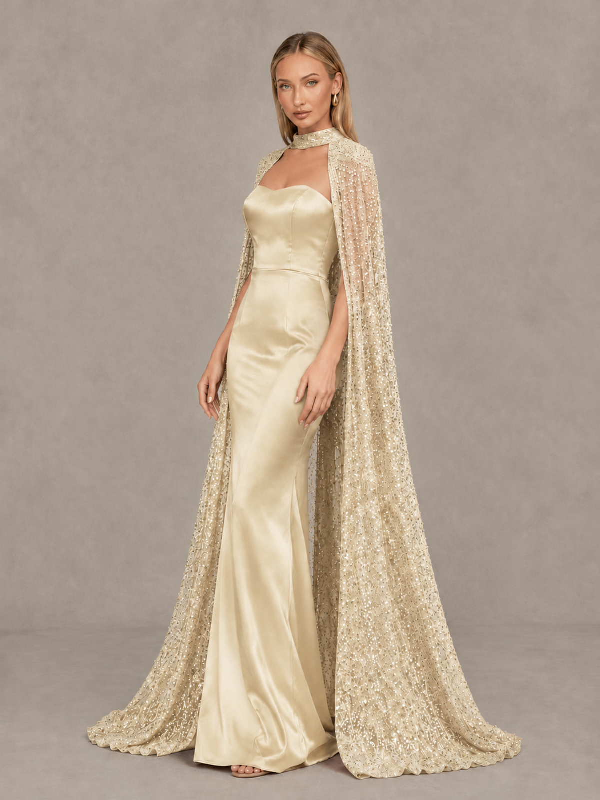 BOLODOO Champagne Strapless Satin-Look Evening Gown with Sequin Cape - Champagne - Champagne_4