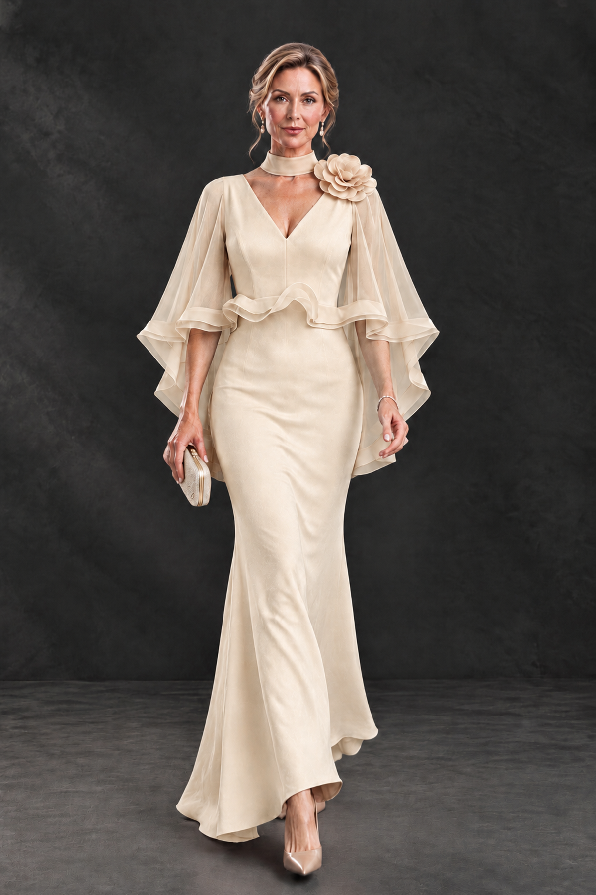BOLODOO Champagne Floral Cape Sleeve Mother of the Bride Dress - Champagne - Champagne_4