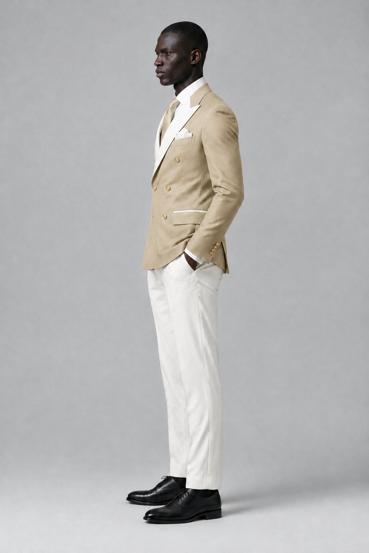 BOLODOO Men's Champagne Double-Breasted Blazer & Cream Trousers Tuxeto 2-Piece Suit Set - Champagne - Champagne_4