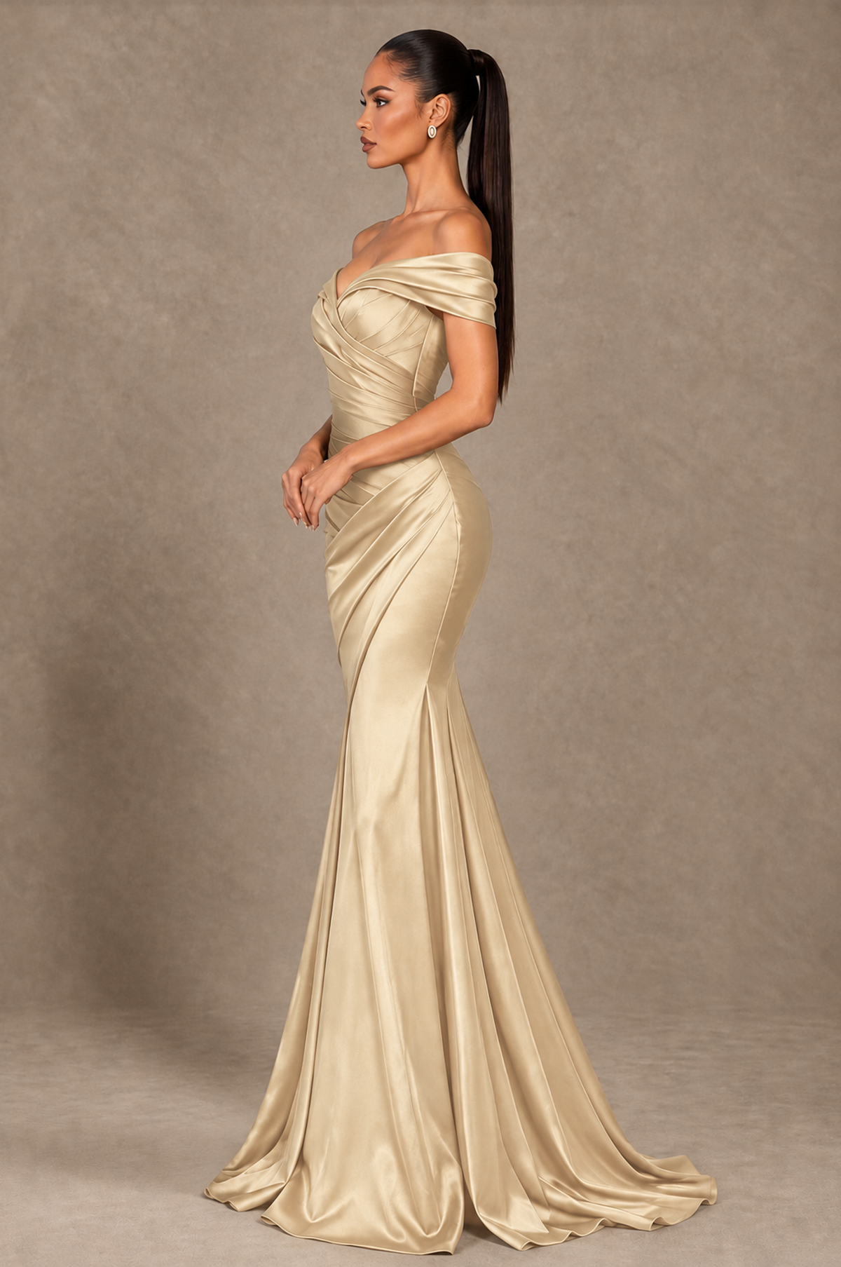 BOLODOO Champagne Off-the-Shoulder Ruched Satin Mermaid Evening Dress - Champagne - Champagne_4
