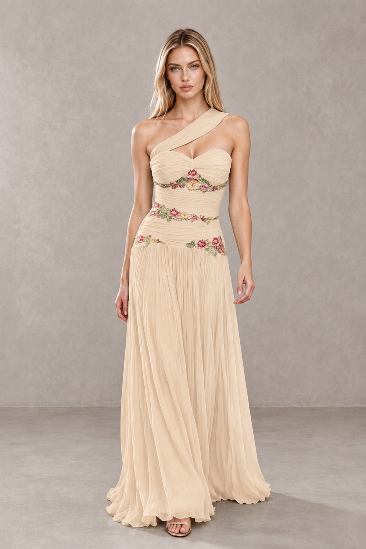 BOLODOO Champagne One-Shoulder Floral Applique A-Line Evening Dress - Champagne - Champagne_4