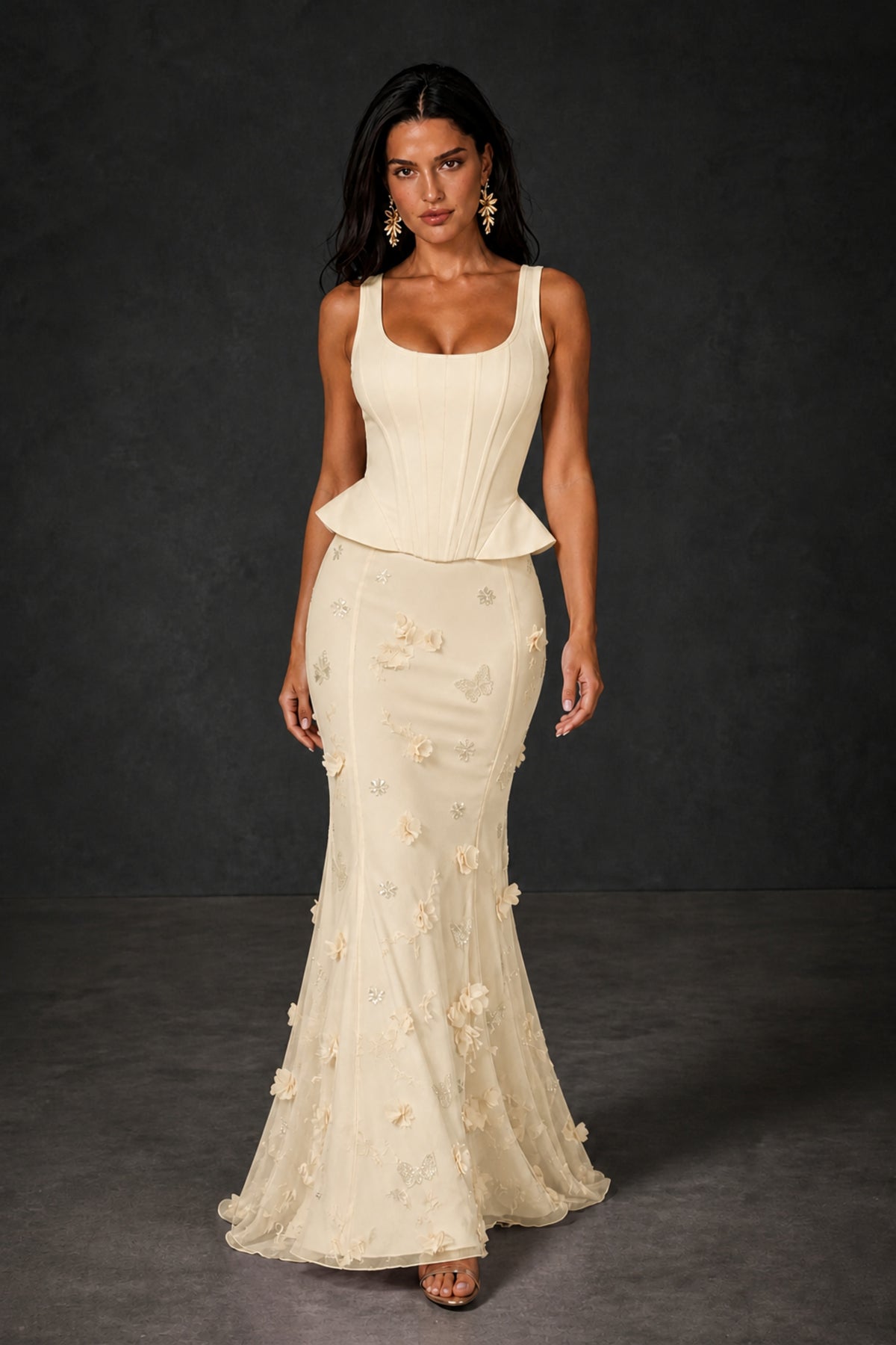 BOLODOO Champagne Peplum Corset Top & 3D Floral Mermaid Skirt Two-Piece Set – Lace-Up Back Formal Gown - Champagne