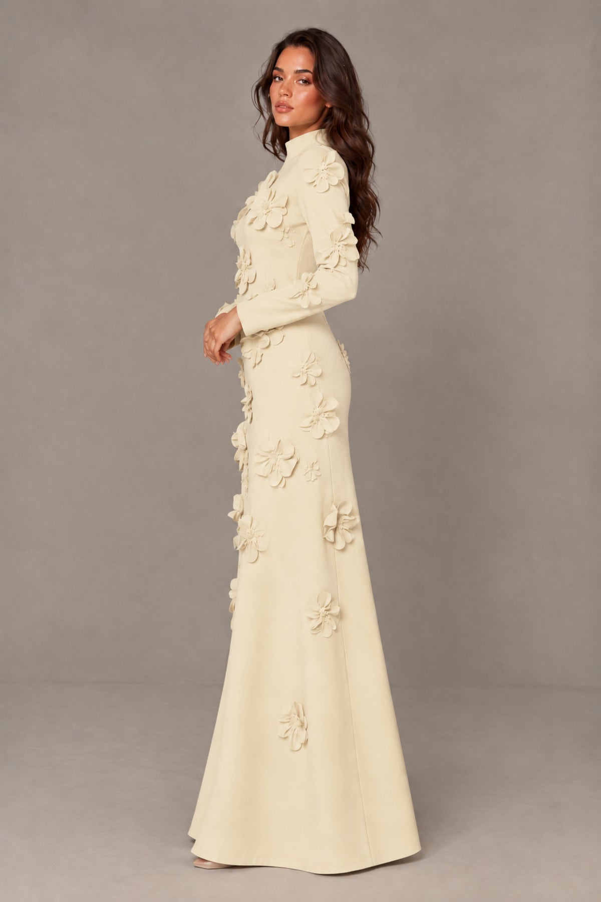 BOLODOO Champagne High Neck Long Sleeve 3D Floral Evening Gown - Champagne
