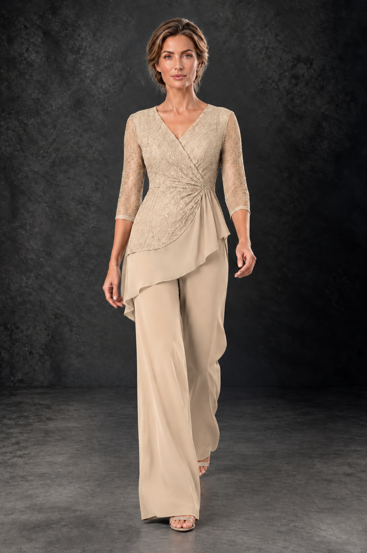 BOLODOO Champagne Sequin Lace 3/4 Sleeve Chiffon Mother of the Bride Pant Suit - Champagne - Champagne_4