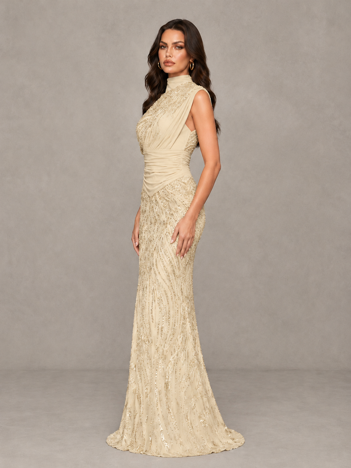 BOLODOO Champagne High Neck Draped Sequin Mermaid Evening Gown - Champagne - Champagne_4