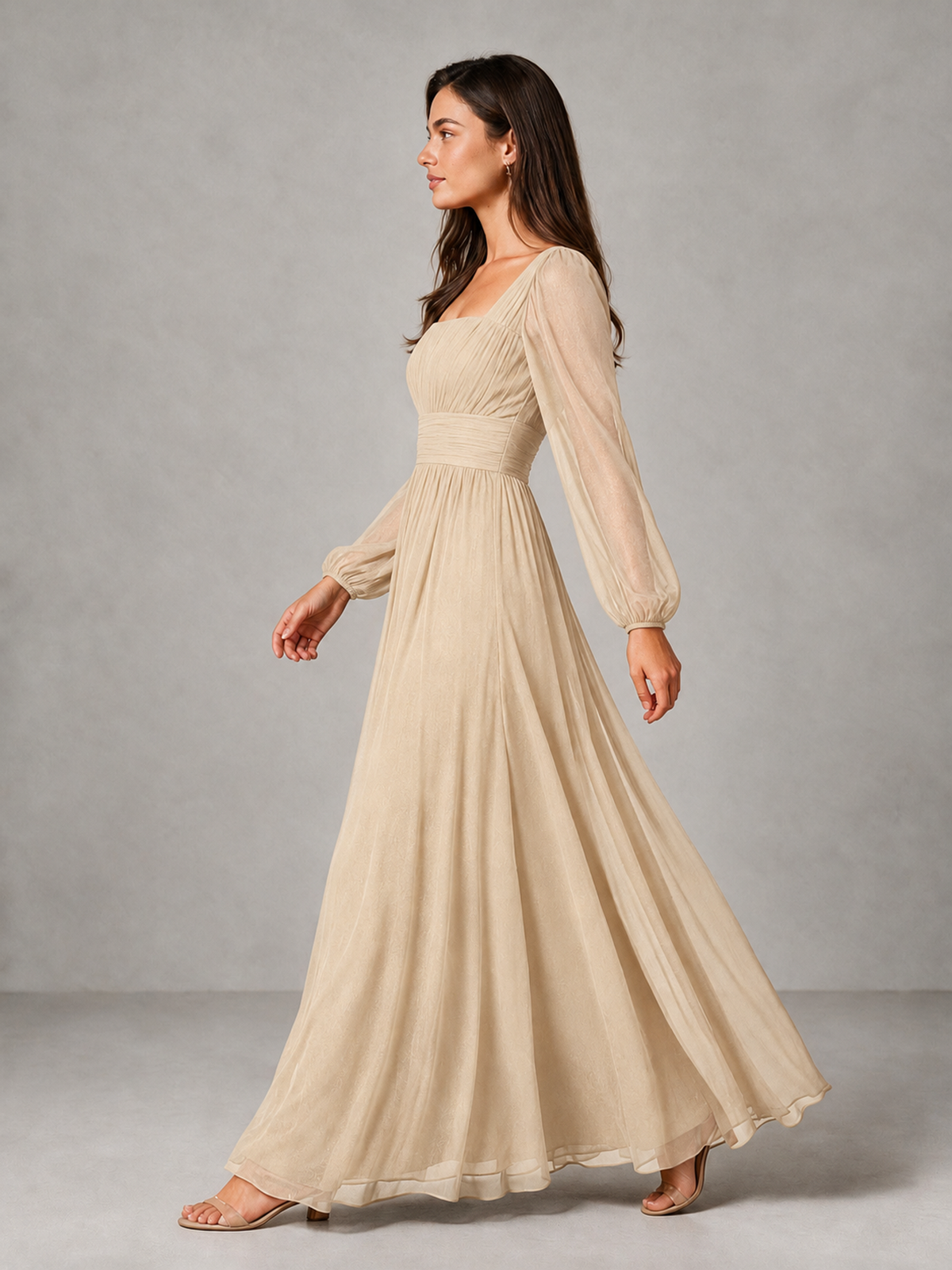 BOLODOO Champagne Square Neck Long Sleeve Chiffon Bridesmaid Dress - Champagne - Champagne_4