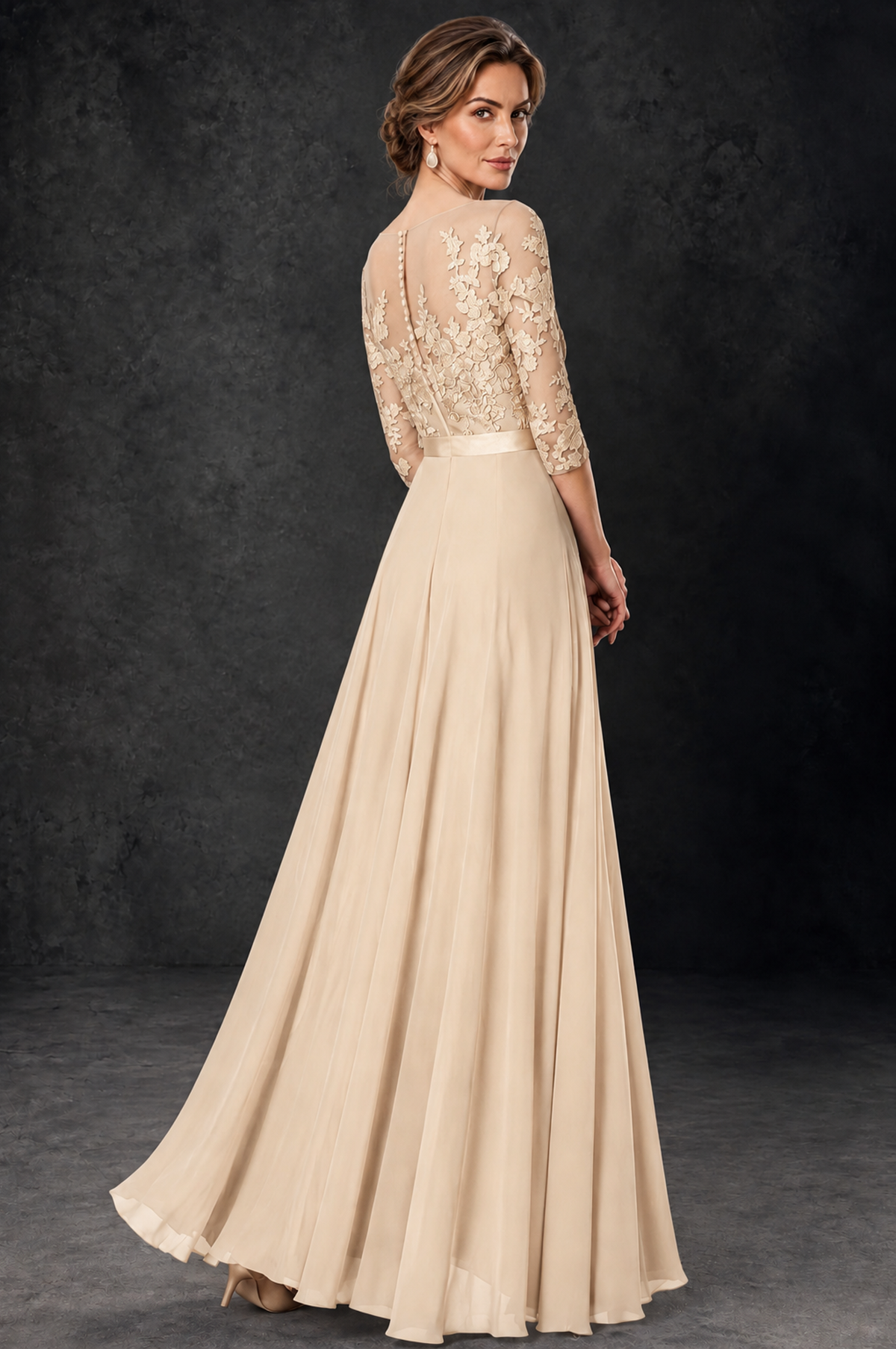 BOLODOO Champagne Lace Wide-Leg Jumpsuit with Three-Quarter Sleeves - Champagne - Champagne_4