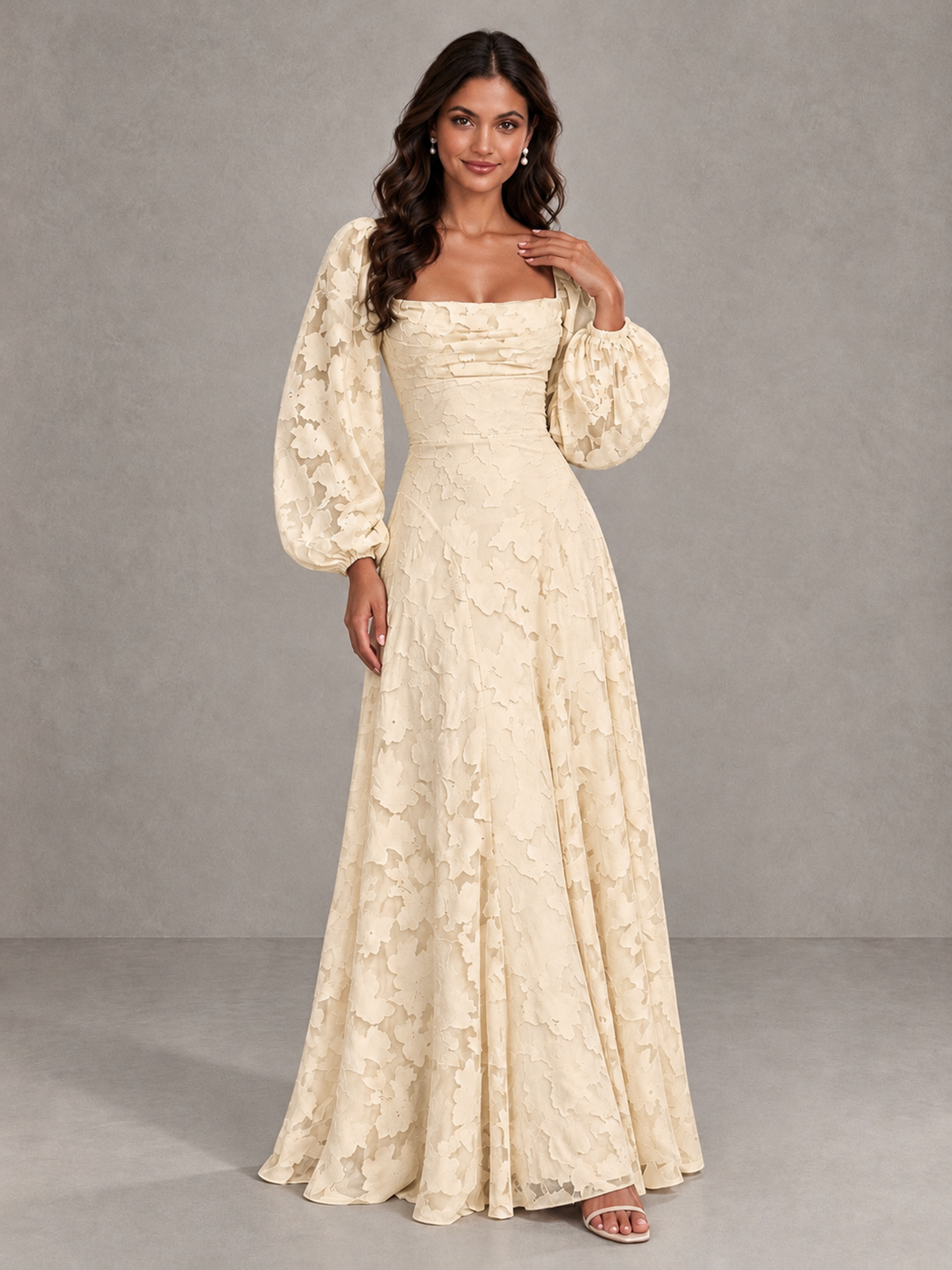 BOLODOO Champagne Floral Long Sleeve A-Line Bridesmaid Dress - Champagne - Champagne_4