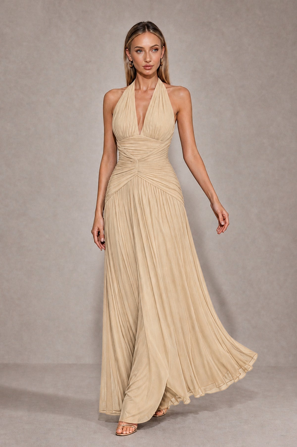 BOLODOO Champagne Chiffon Halter Deep V-Neck Ruched A-Line Backless Maxi Dress with Train-BD0167 - Champagne - Champagne_4
