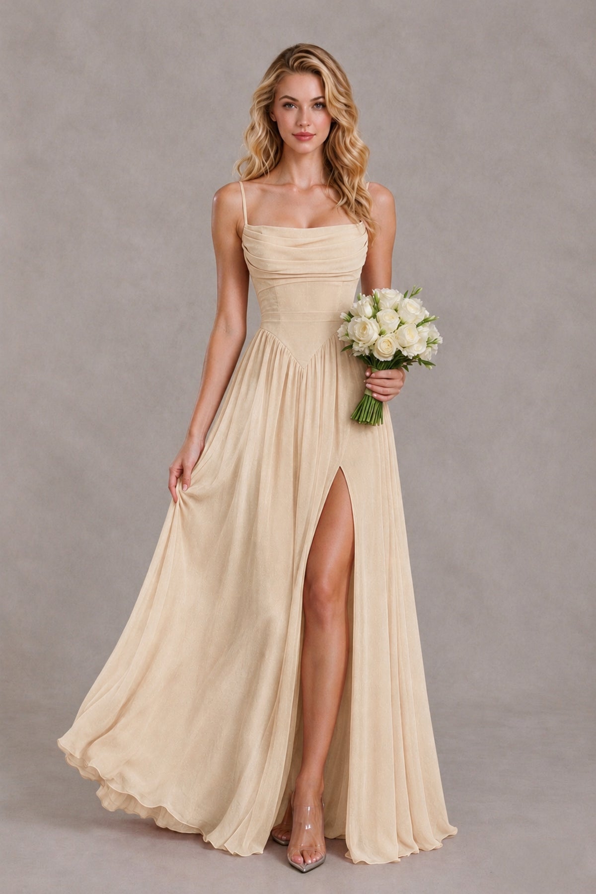 BOLODOO Champagne Spaghetti Strap A-Line Bridesmaid Dress with Slit - Champagne - Champagne_4