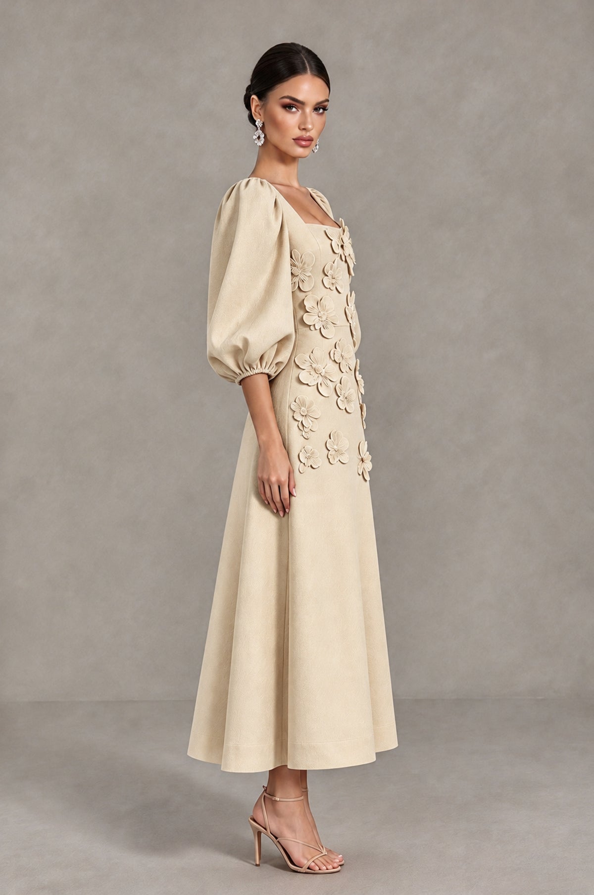 BOLODOO Champagne 3D Floral Puff Sleeve Midi Cocktail Dress - Champagne - Champagne_4