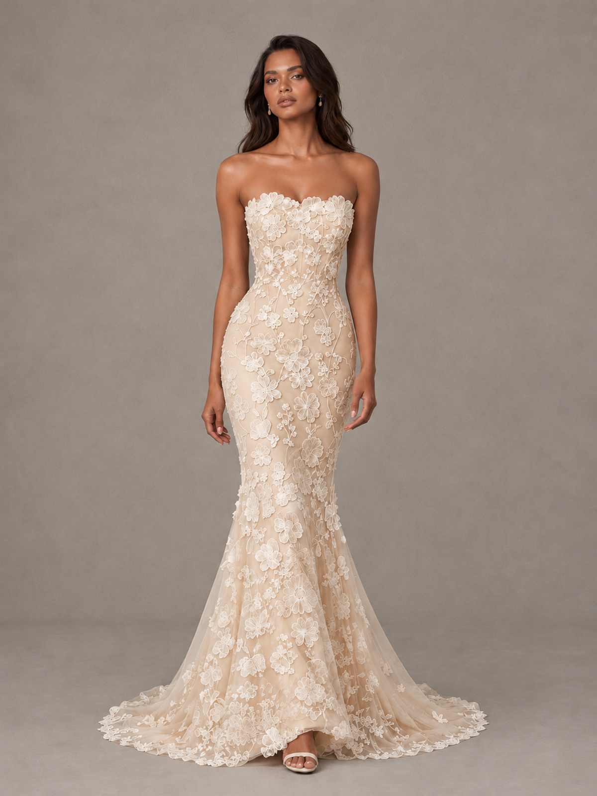 BOLODOO Champagne Strapless 3D Floral Lace Mermaid Prom Dress with Train - Champagne - Champagne_4
