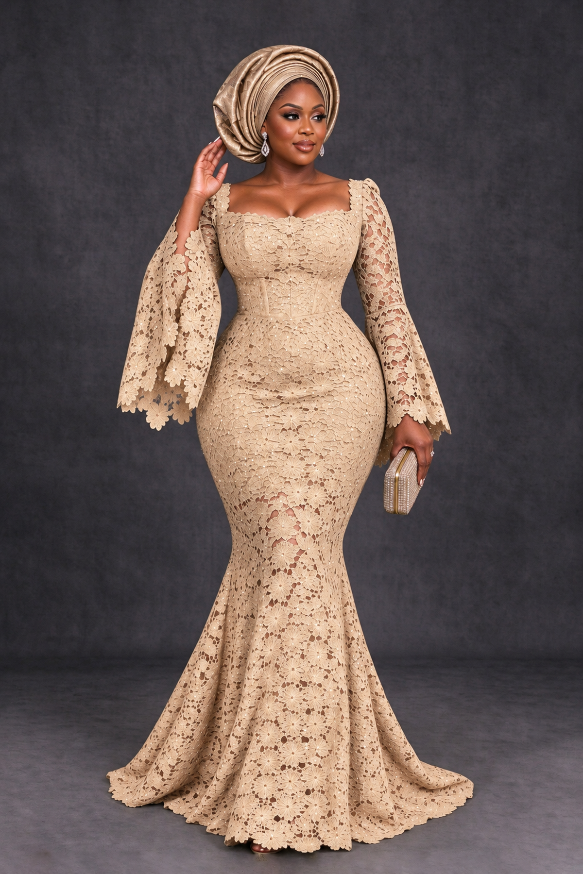 BOLODOO Champagne African Lace Mermaid Dress, Plus Size Nigerian Wedding Guest Gown with Bell Sleeves - Champagne - Champagne_4