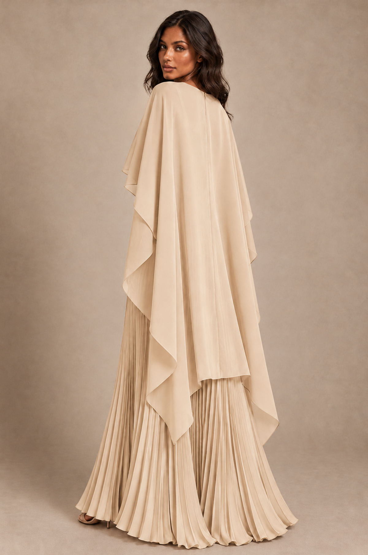 BOLODOO Champagne Pleated Cape A-Line Evening Dress - Champagne - Champagne_4