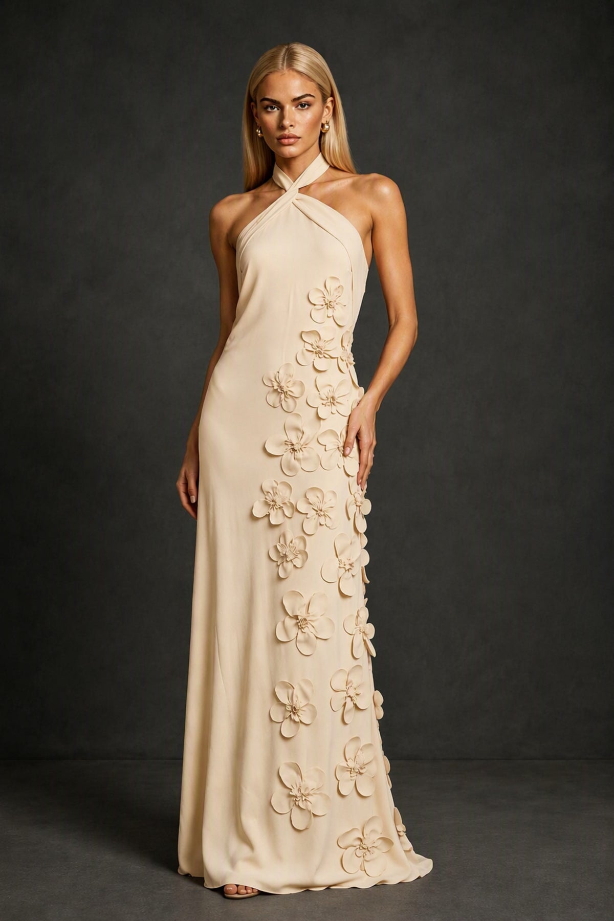 BOLODOO Champagne Cross Halter Neck 3D Floral Appliqué Backless Mermaid Maxi Gown - Champagne