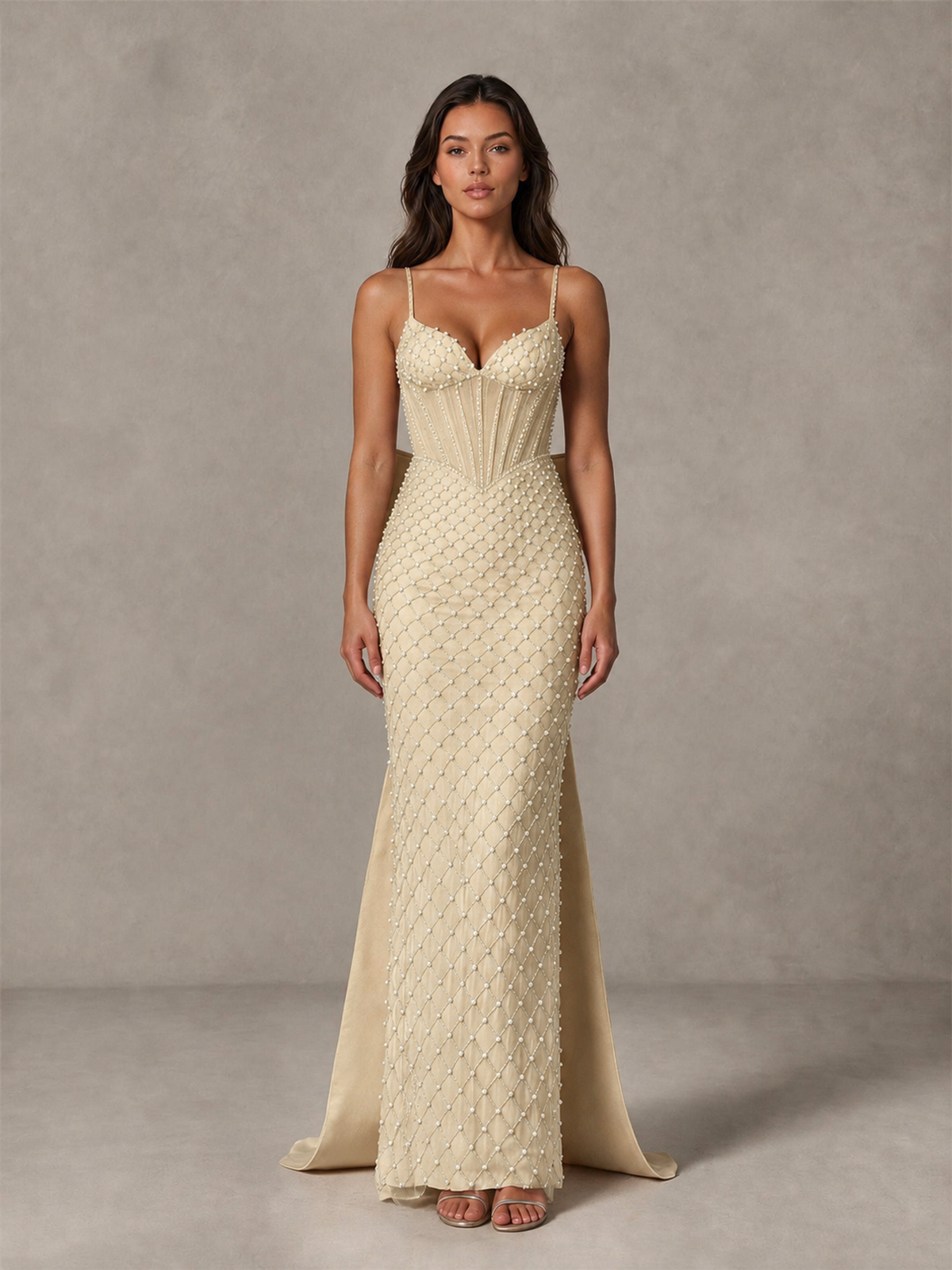 BOLODOO Champagne Beaded Corset Prom Dress with Bow Train - Champagne - Champagne_4