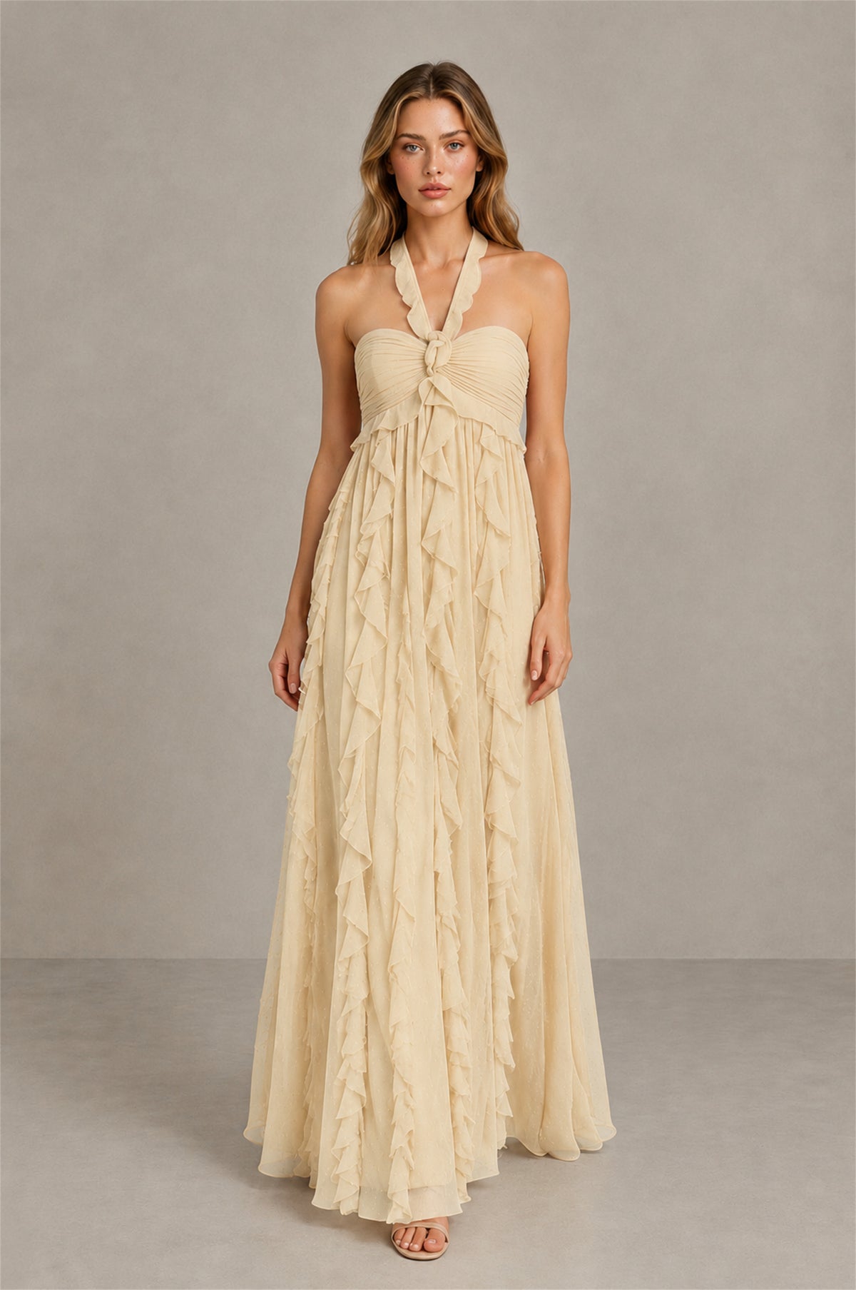 BOLODOO Champagne Halter Ruffle A-Line Floor-Length Evening Dress - Champagne - Champagne_4