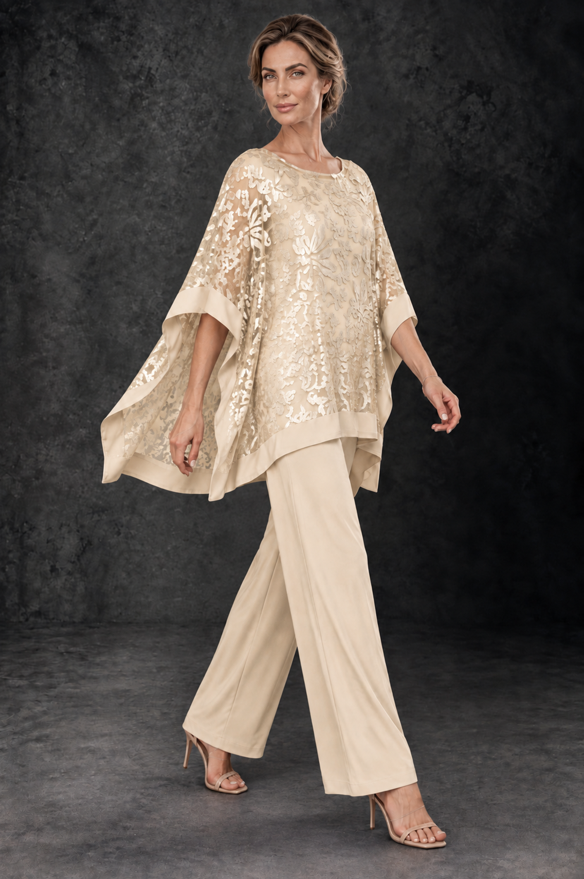 BOLODOO Champagne Floral Cape Mother of the Bride Pant Suit - Champagne - Champagne_4