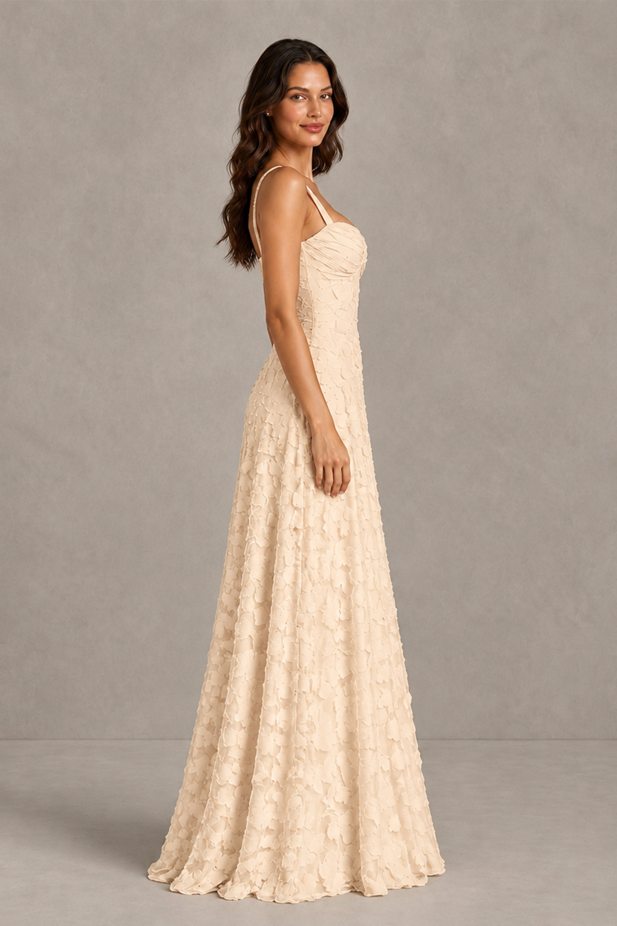 BOLODOO Champagne Floral-Textured A-Line Dress with Lace-Up Back - Champagne - Champagne_4