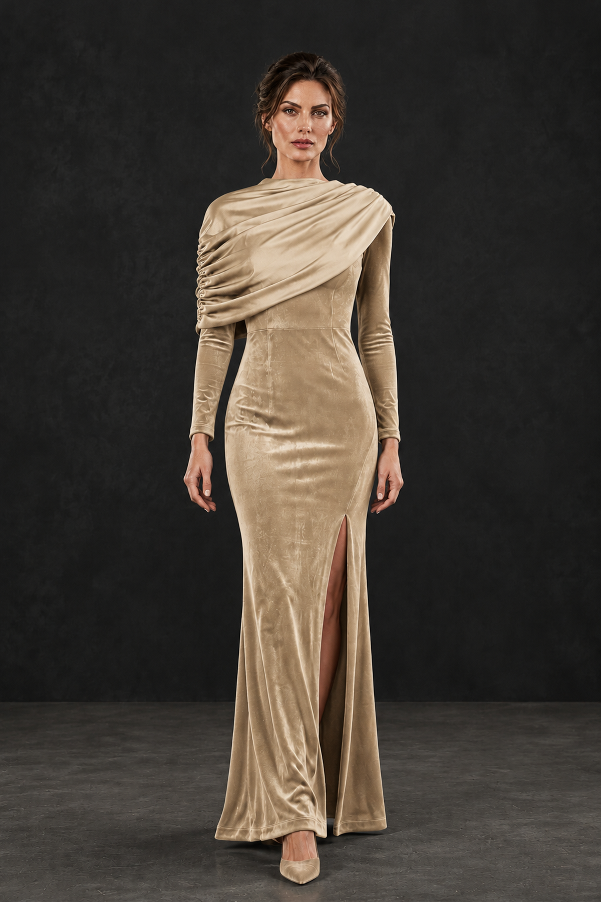BOLODOO Champagne Velvet Long Sleeve Draped Mother of the Bride Dress - Champagne - Champagne_4