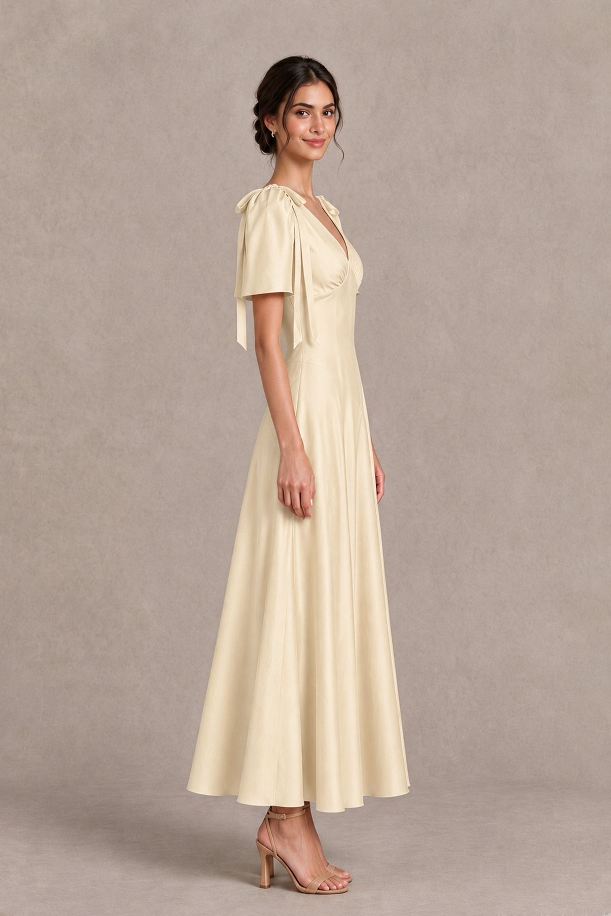 BOLODOO Champagne V-Neck Short Sleeve Satin-Look Bridesmaid Dress with Shoulder Bows - Champagne - Champagne_4