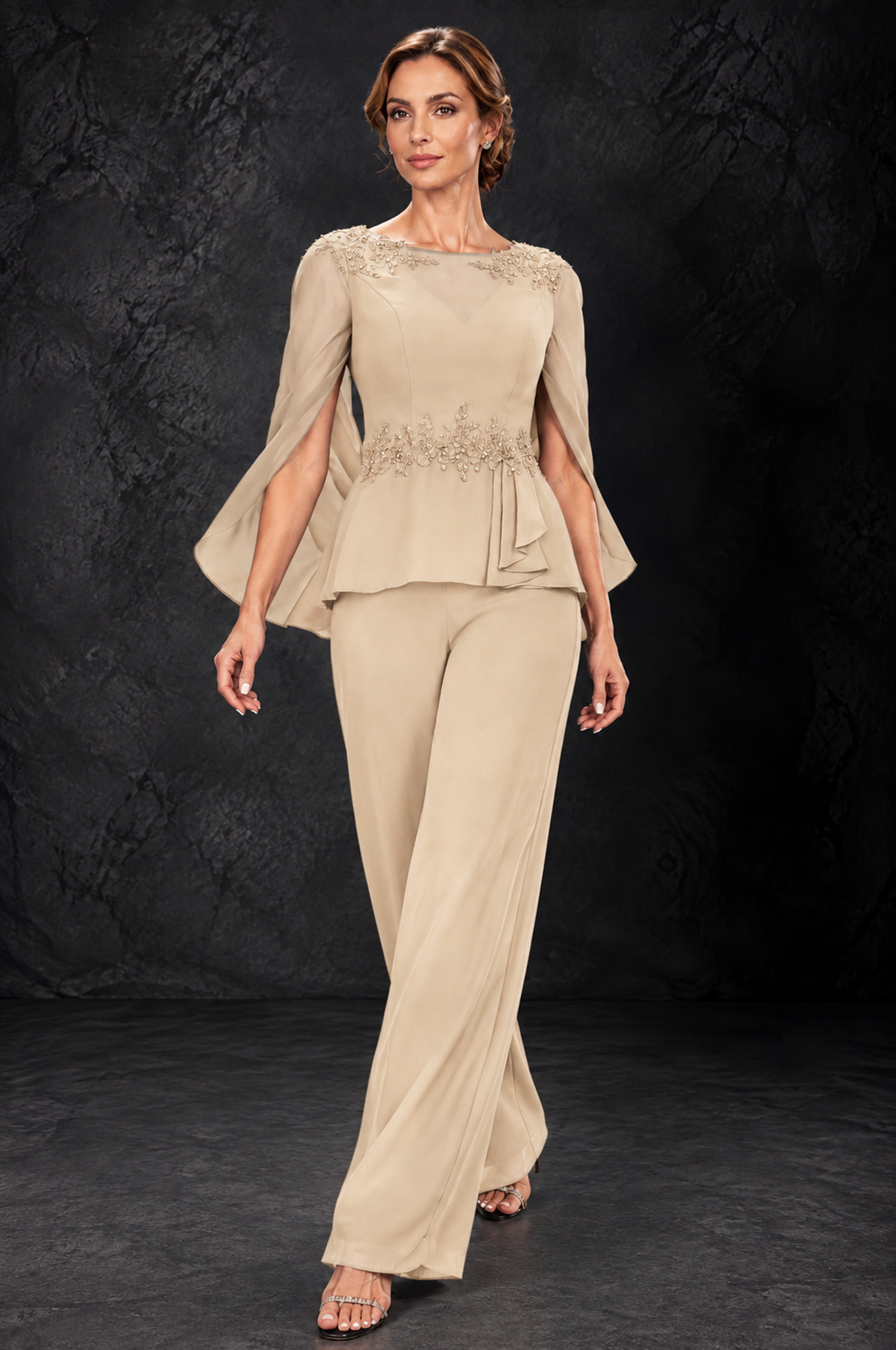 BOLODOO Champagne Embellished Cape Sleeve Mother of the Bride Pantsuit - Champagne - Champagne_4