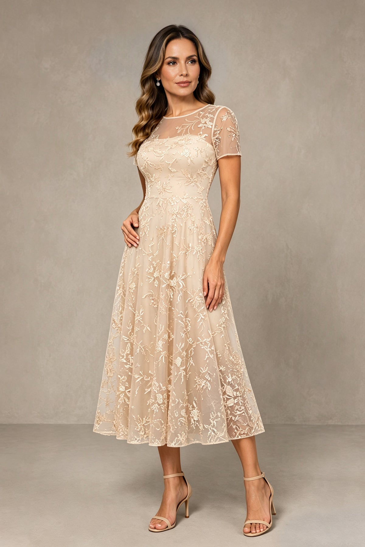BOLODOO Champagne Textured Floral A-Line Dress with Short Sleeves - Champagne