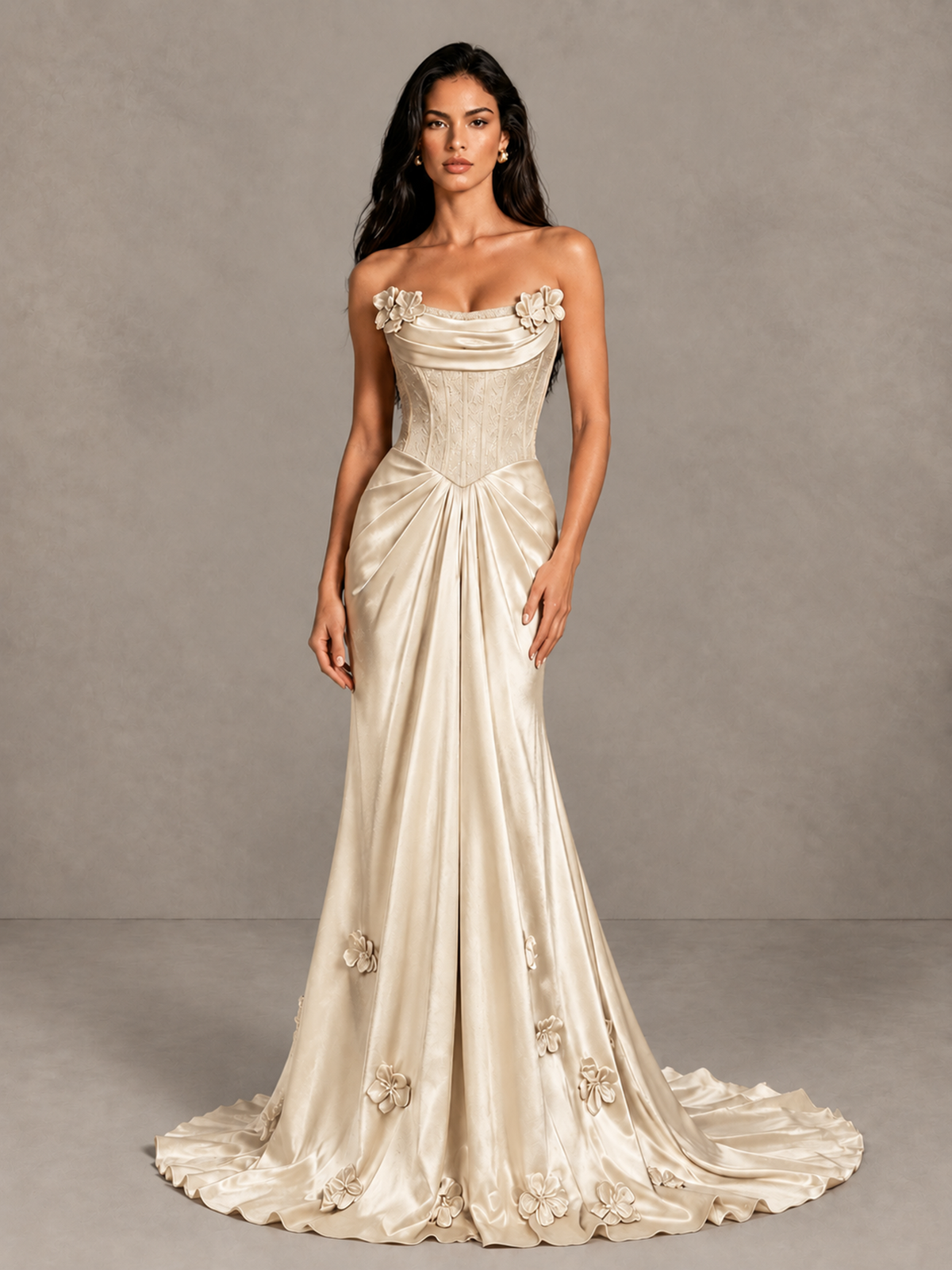 BOLODOO Champagne Strapless Floral Corset Evening Gown with Train - Champagne - Champagne_4