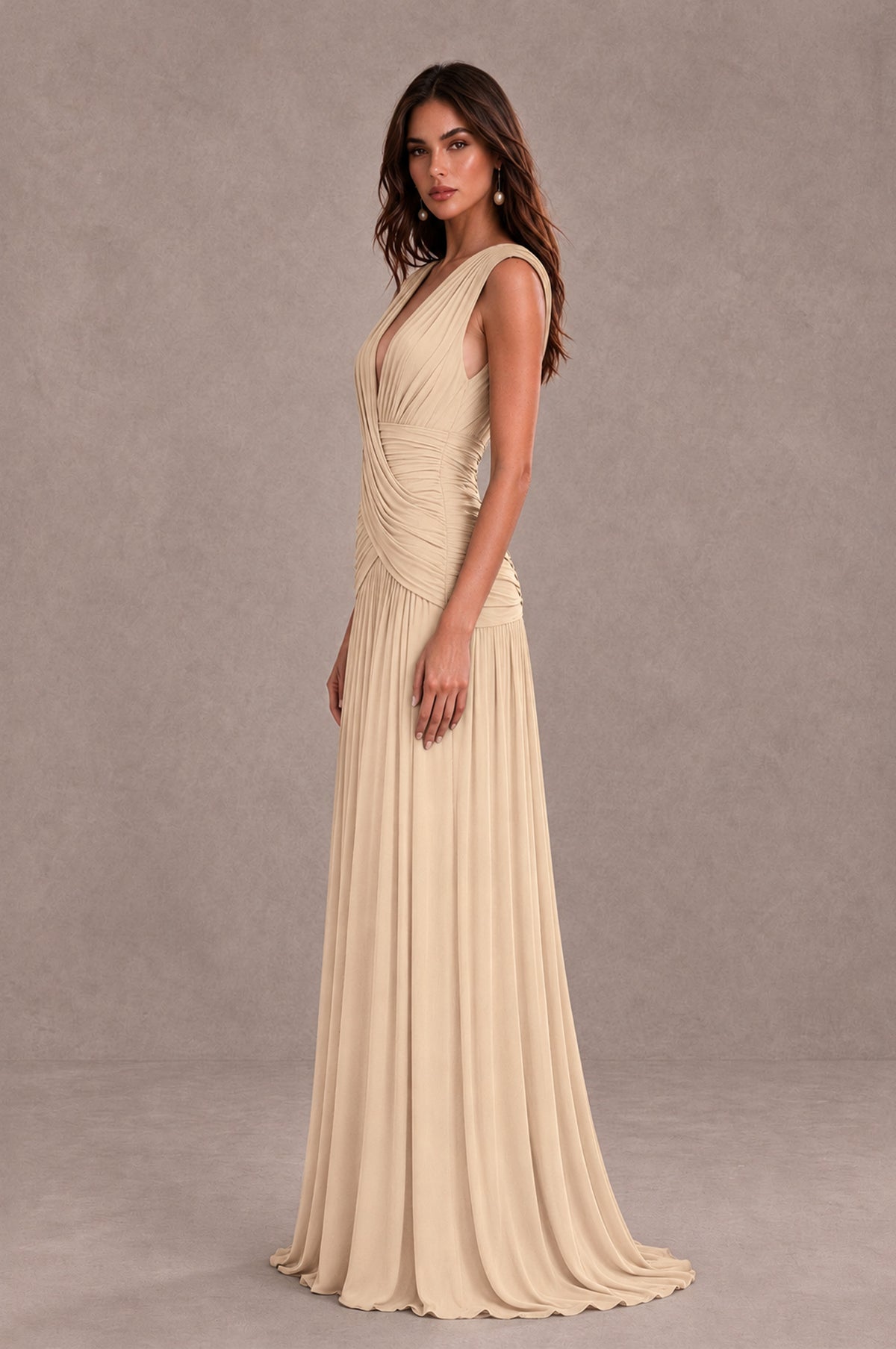 BOLODOO Champagne V-Neck Ruched Wedding Guest Dress - Champagne - Champagne_4