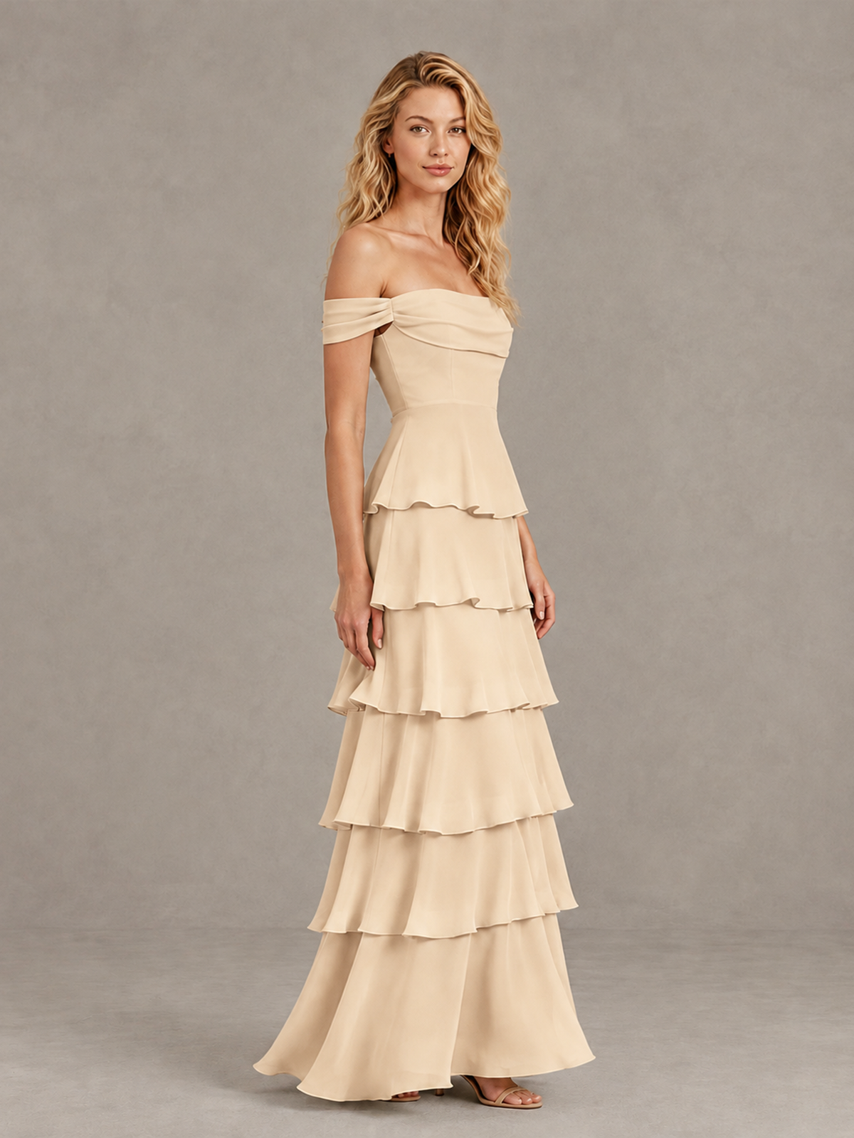 BOLODOO Champagne Off-Shoulder Tiered Ruffle Bridesmaid Dress with Lace-Up Back - Champagne - Champagne_4