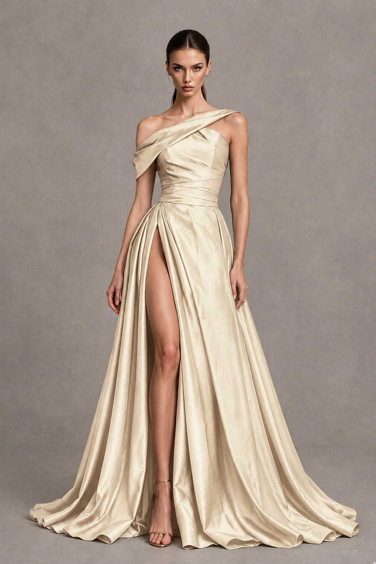 BOLODOO Champagne Asymmetric Satin-Look A-Line Prom Dress with High Slit - Champagne - Champagne_4