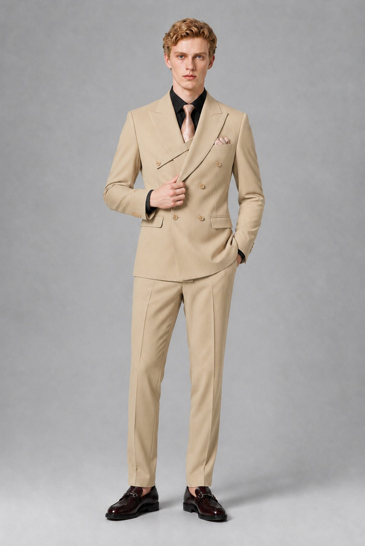 BOLODOO Men's Champagne Double-Breasted Two-Piece Suit – Jacket & Trousers - Champagne