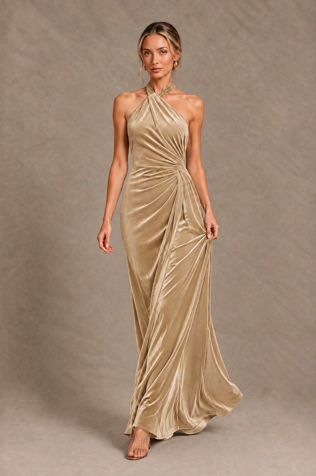 BOLODOO Champagne Velvet Halter Open-Back Ruched Evening Dress - Champagne - Champagne_4