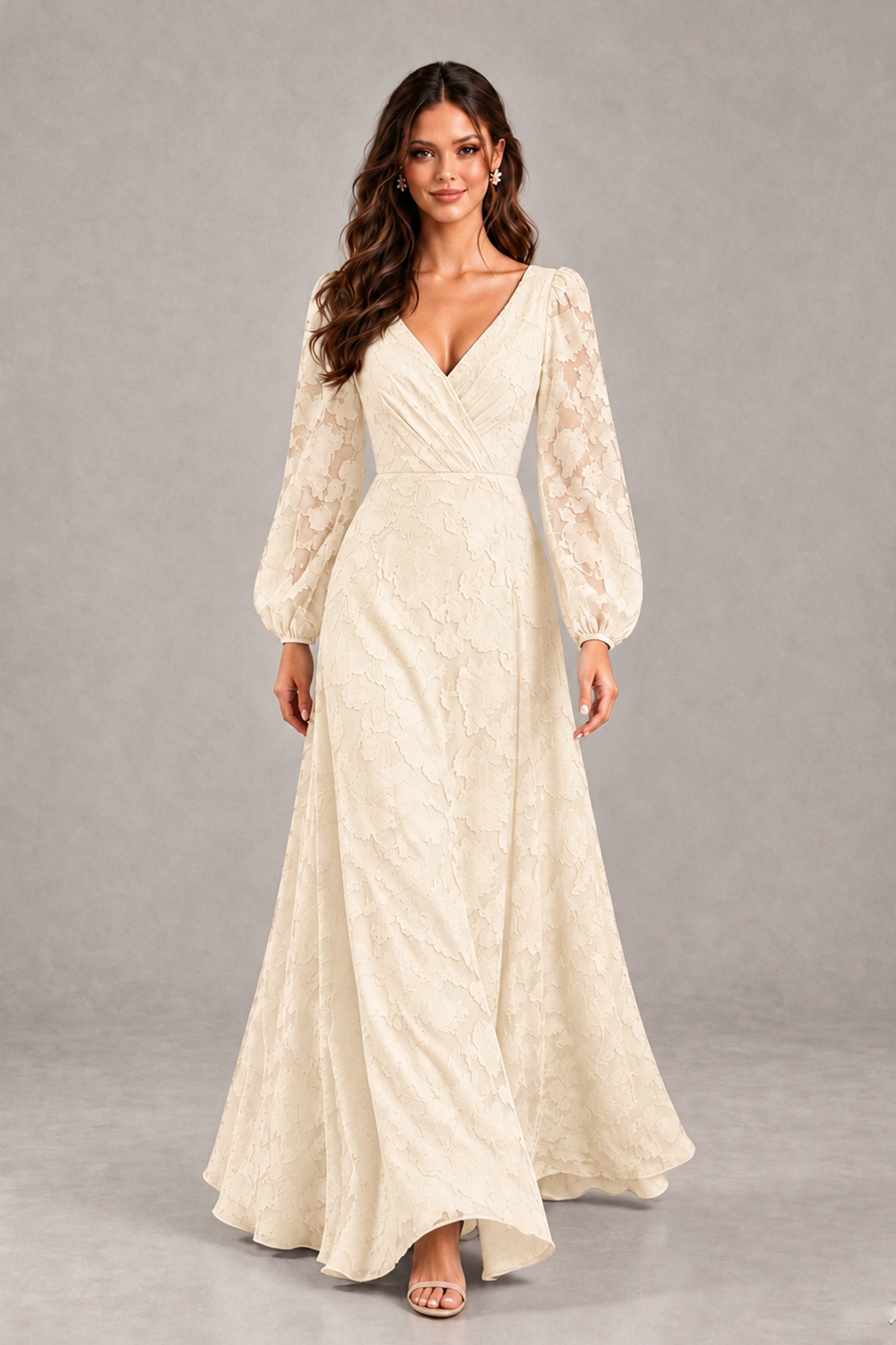 BOLODOO Champagne Long Sleeve V-Neck A-Line Mother of the Bride Dress - Champagne - Champagne_4