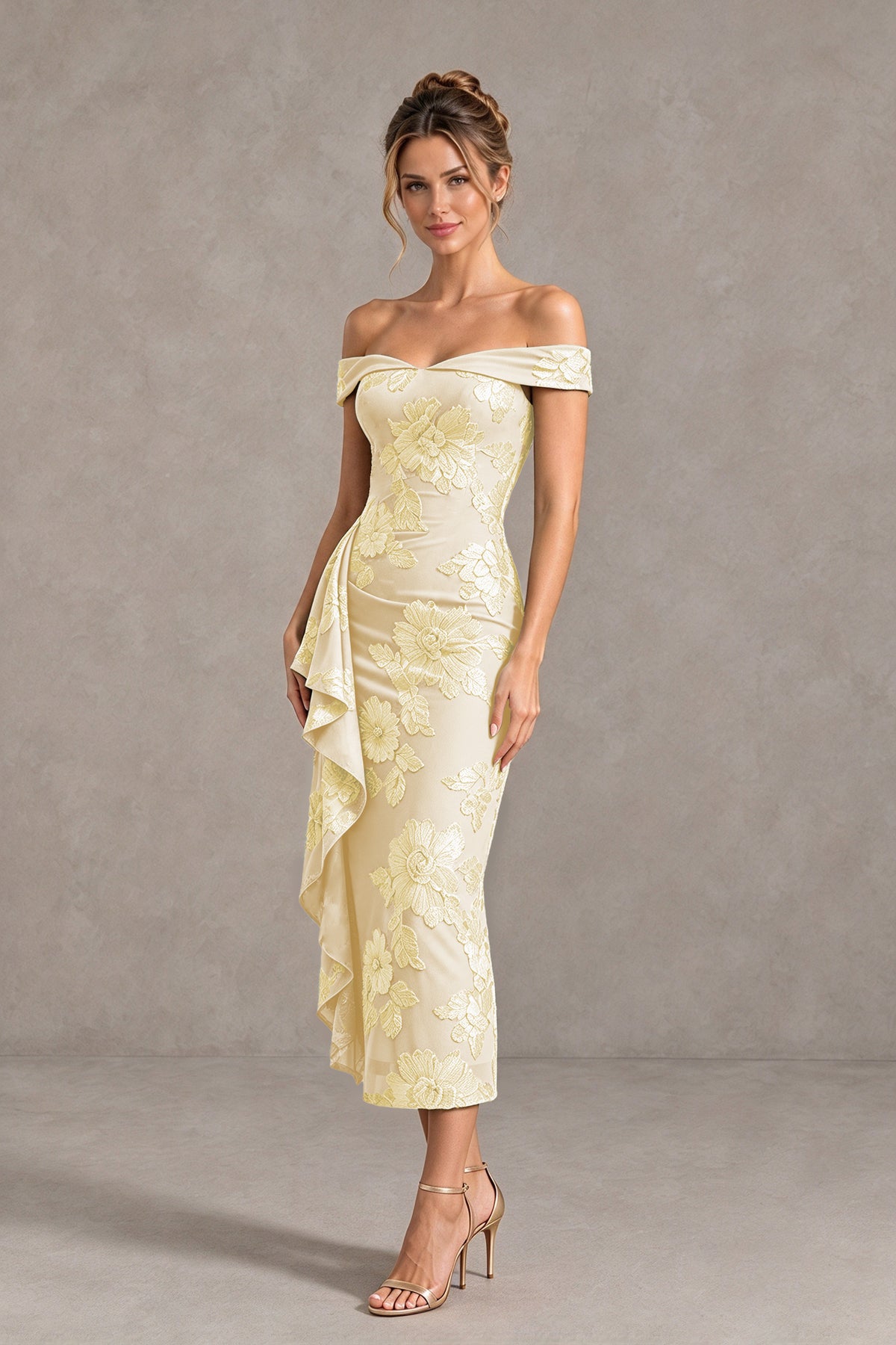 BOLODOO Champagne Off Shoulder Floral Jacquard Midi Dress - Champagne - Champagne(4)