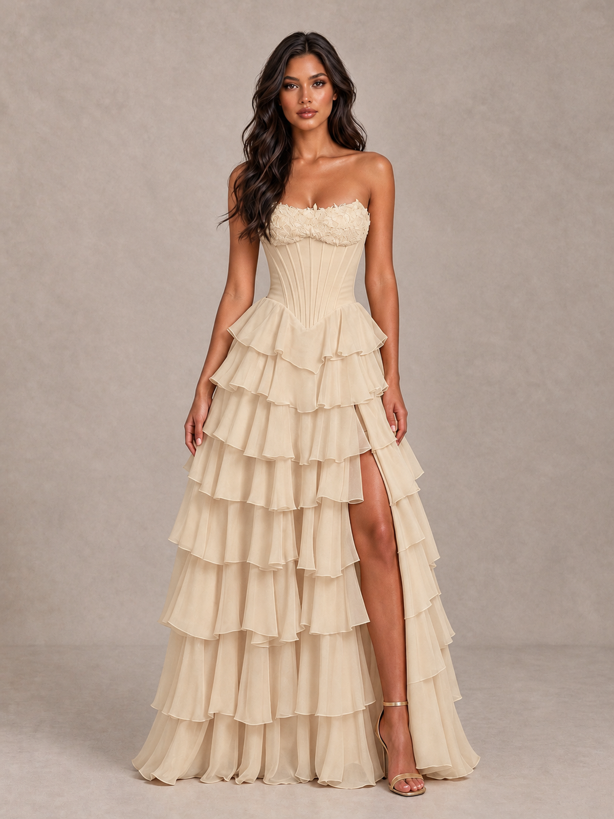 BOLODOO Champagne Strapless Corset Tiered Ruffle Prom Dress with High Slit - Champagne - Champagne_4