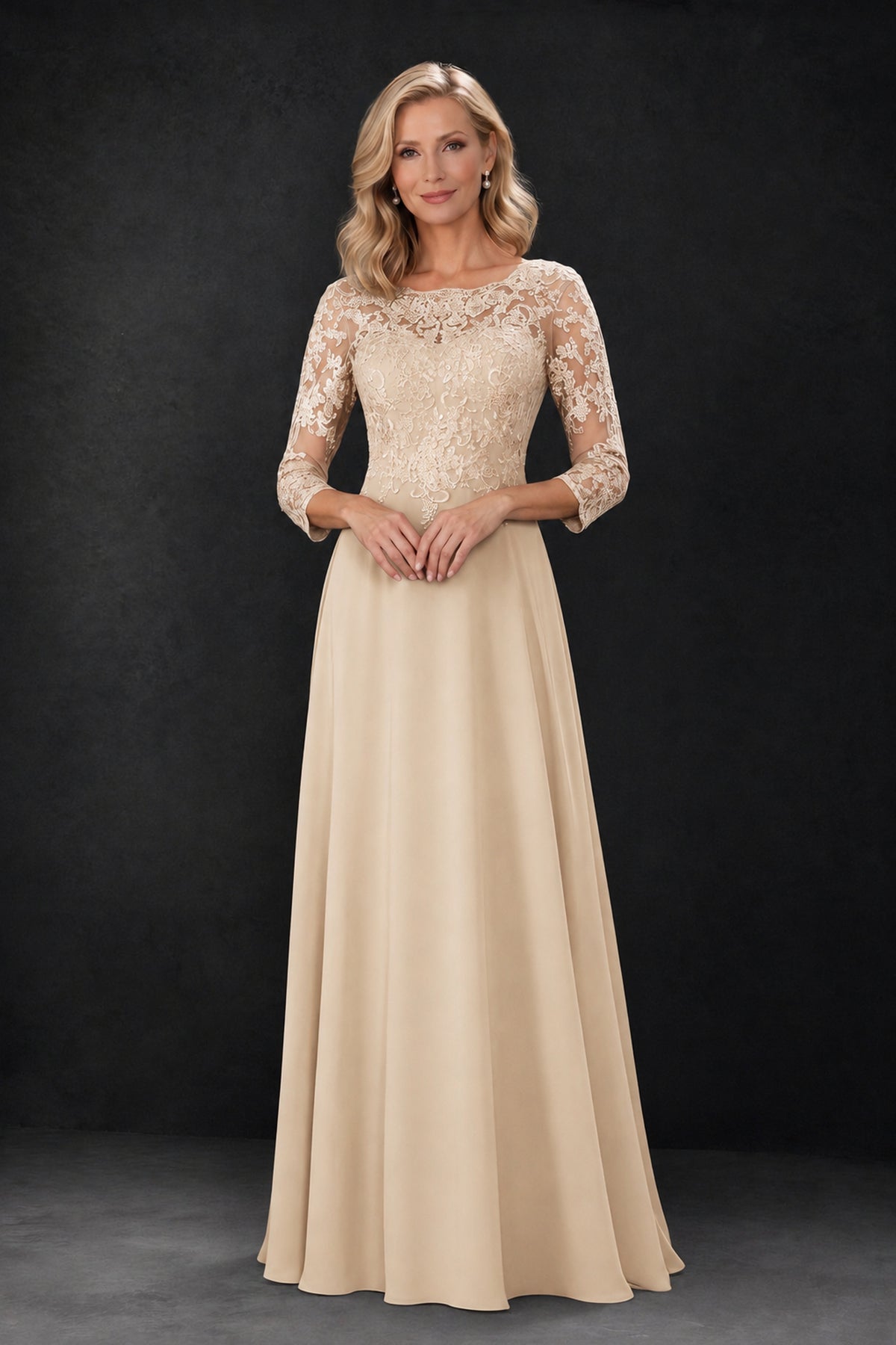 BOLODOO Champagne Lace Embroidered Mother of the Bride Dress with 3/4 Sleeves - Champagne
