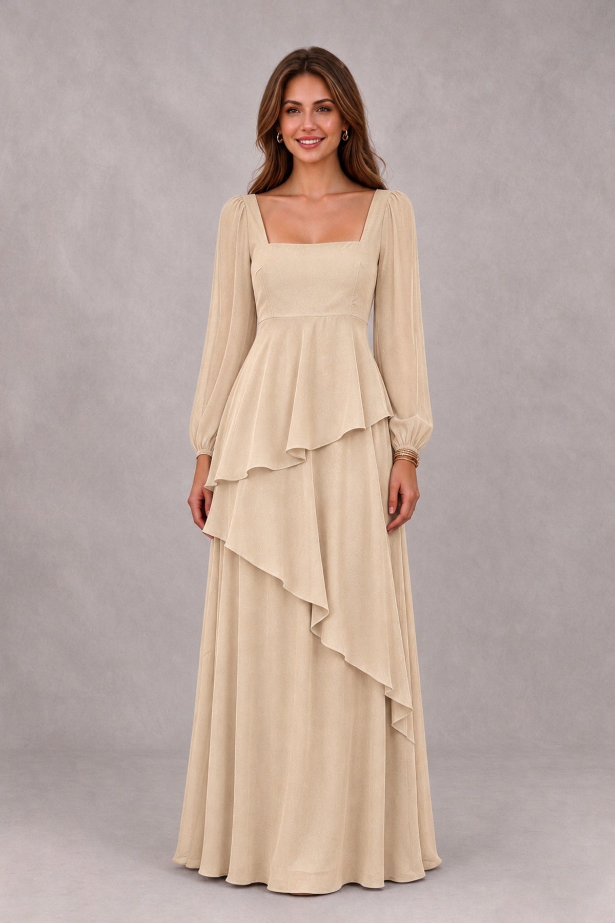 BOLODOO Champagne Long Sleeve Ruffle Bridesmaid Dresses - Champagne - Champagne_4