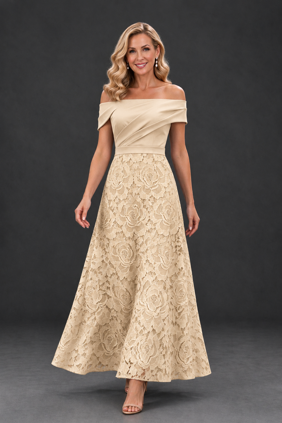 BOLODOO Champagne Off-the-Shoulder Floral A-Line Mother of the Bride Dress - Champagne - Champagne_4
