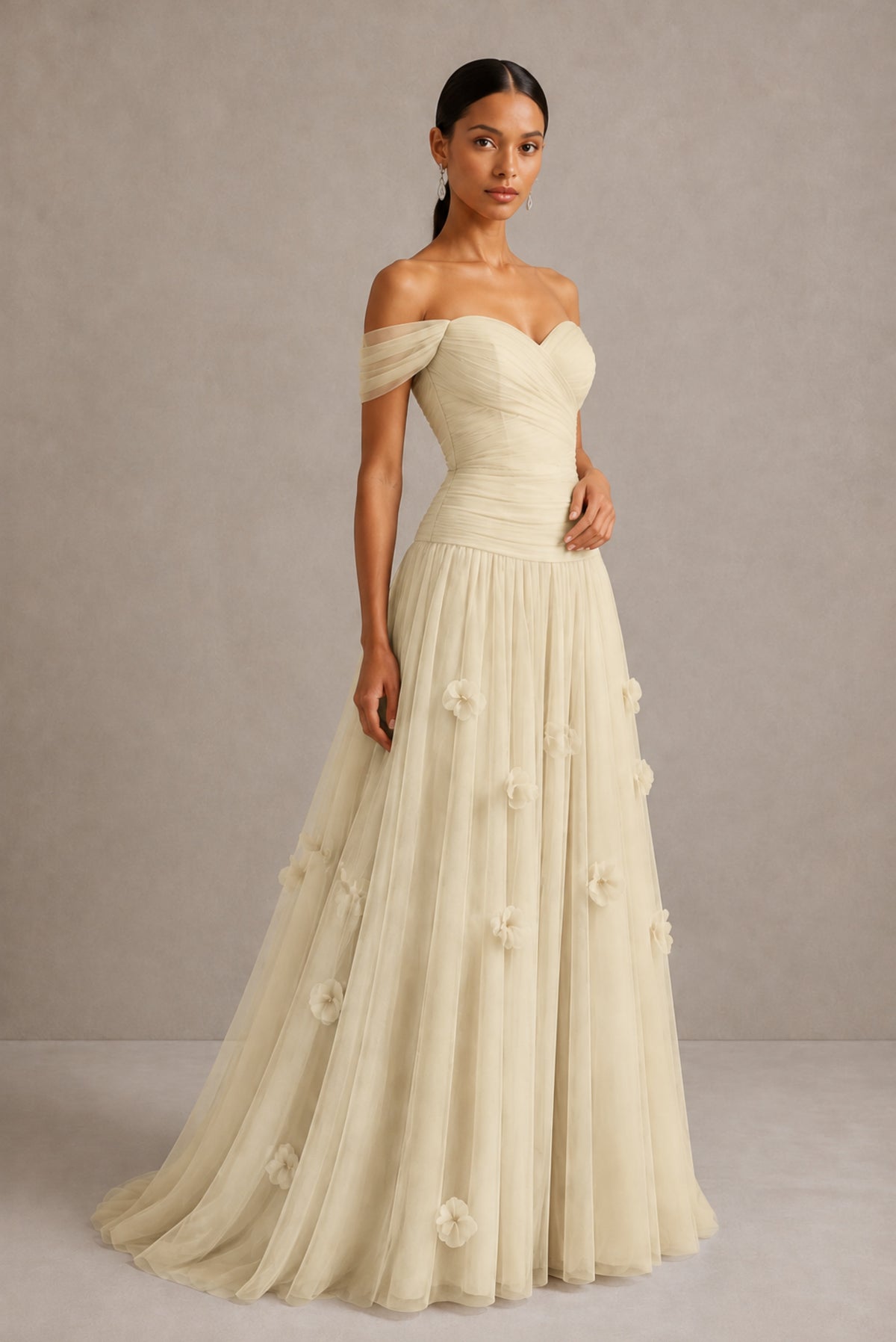 Champagne Off-Shoulder Sweetheart A-Line Tulle Gown with 3D Floral Appliques | BOLODOO - Champagne