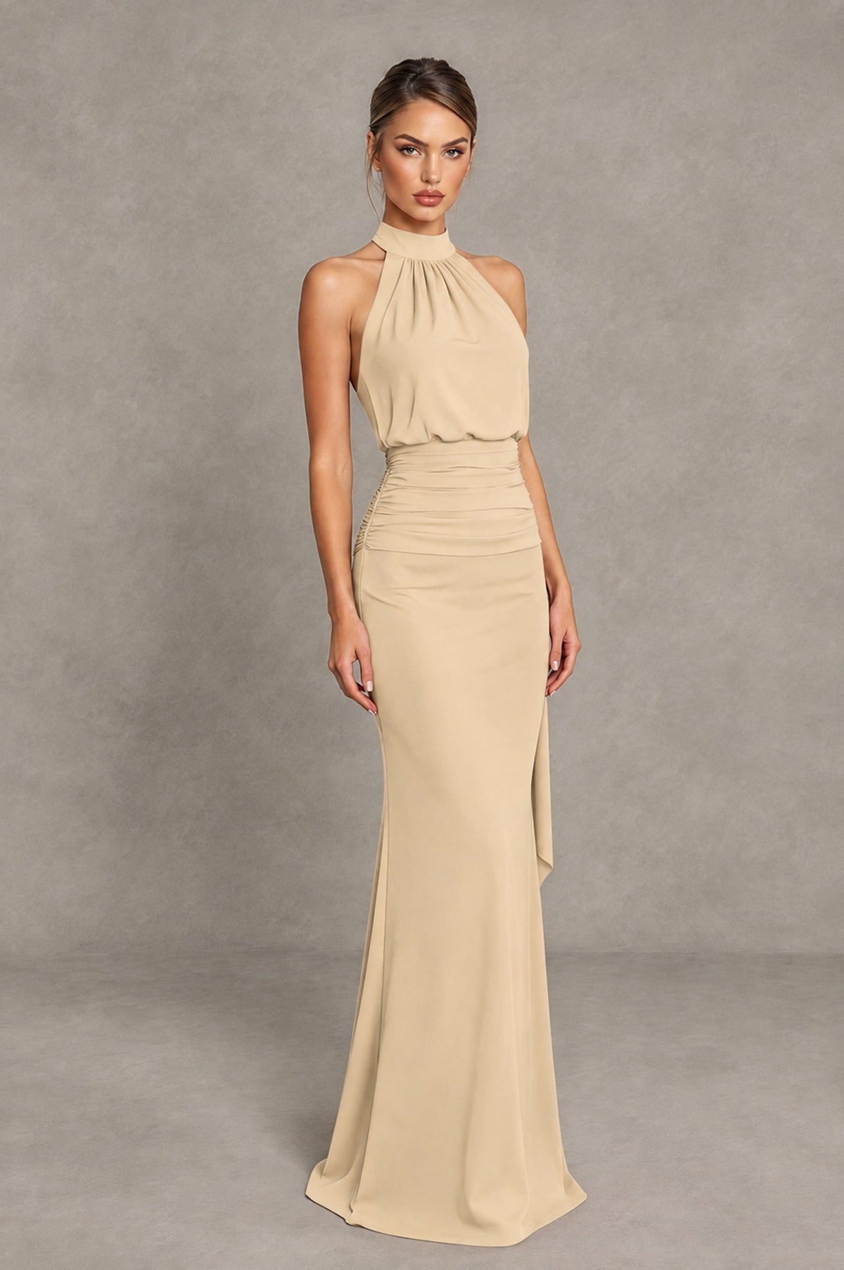 BOLODOO Champagne Chiffon Halter Maxi Formal Wedding Guest Dress - Champagne - Champagne_4